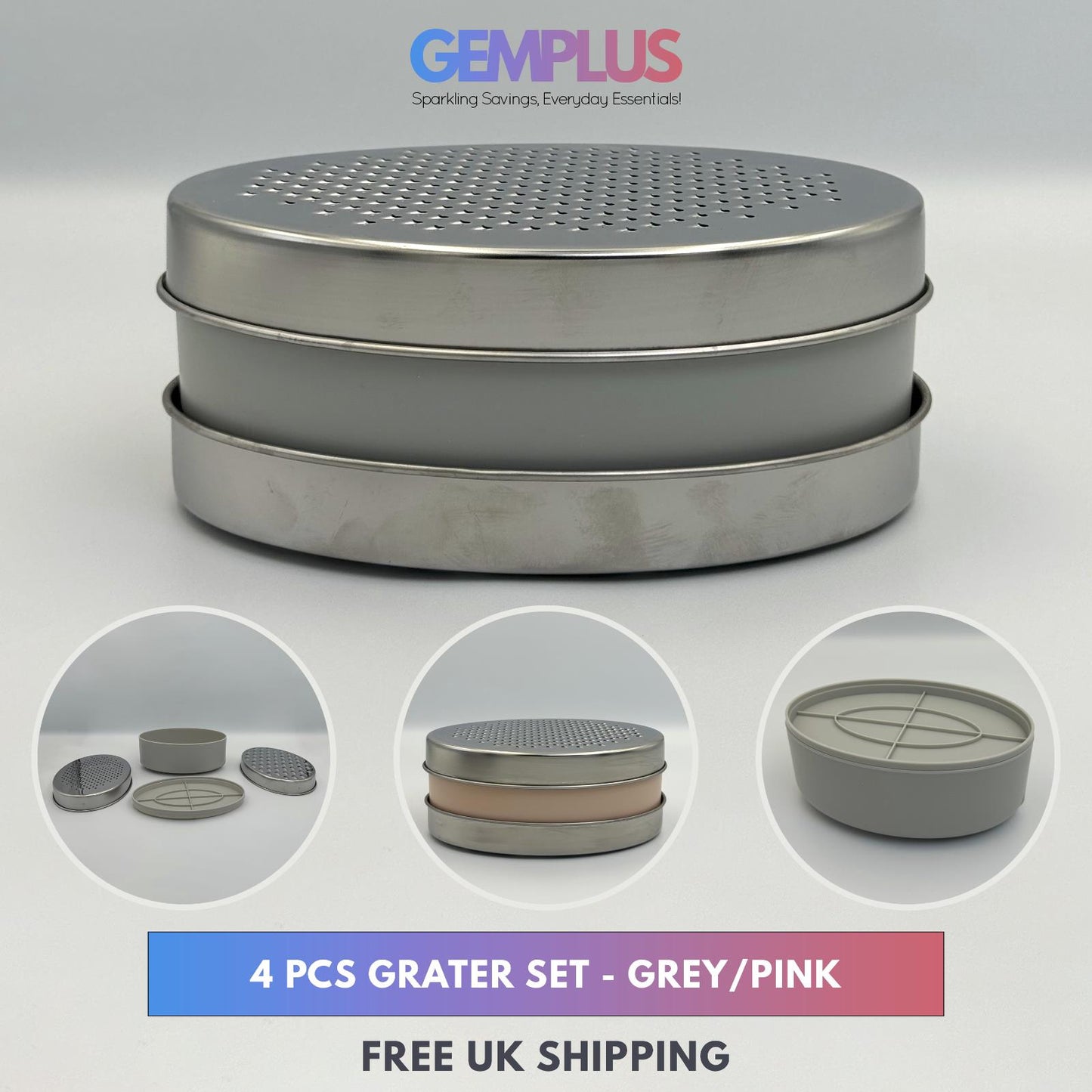 GEM+ | Premium Stainless Steel Multi-Blade Grater with Container and Lid Set