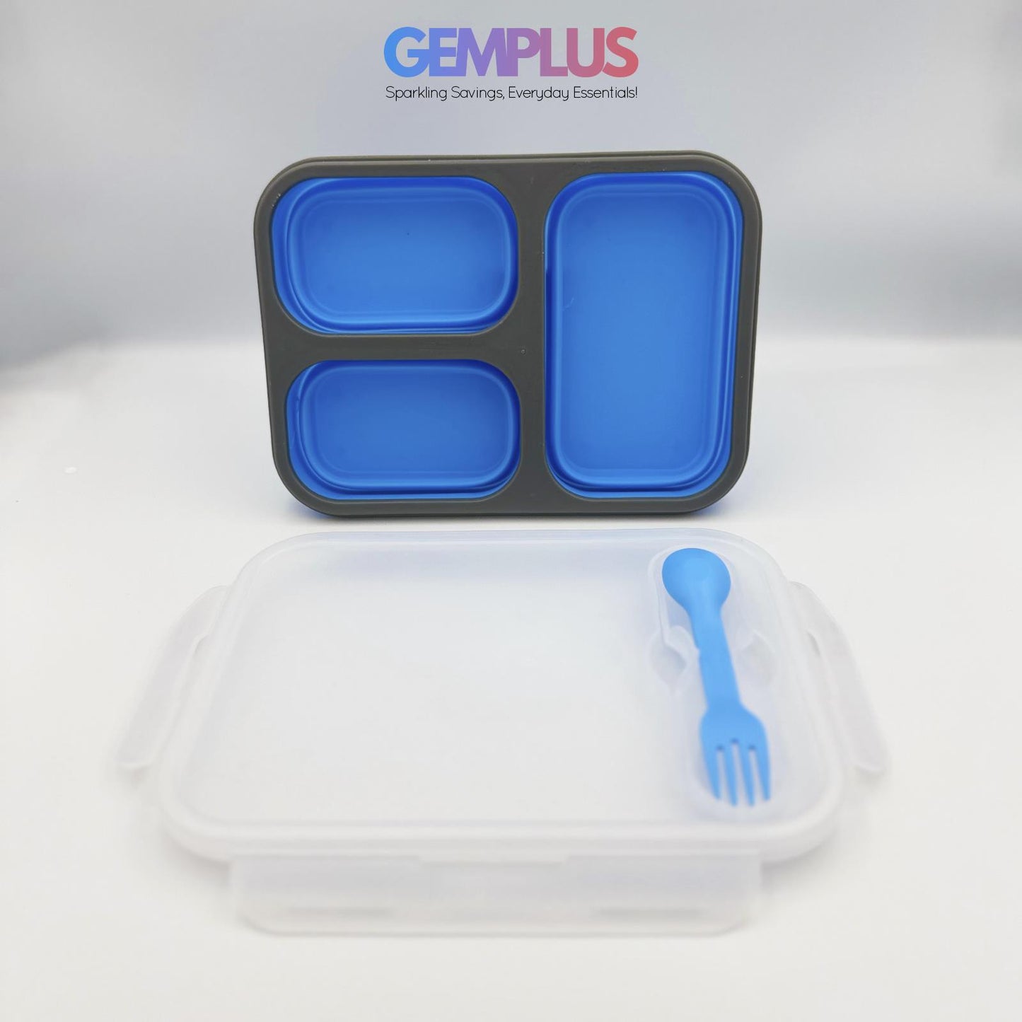 GEM+ | Collapsible Lunchbox with 3 Compartments and Fork & Spoon – Space-Saving