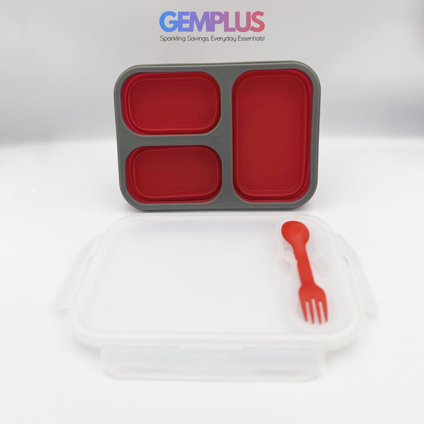 GEM+ | Collapsible Lunchbox with 3 Compartments and Fork & Spoon – Space-Saving