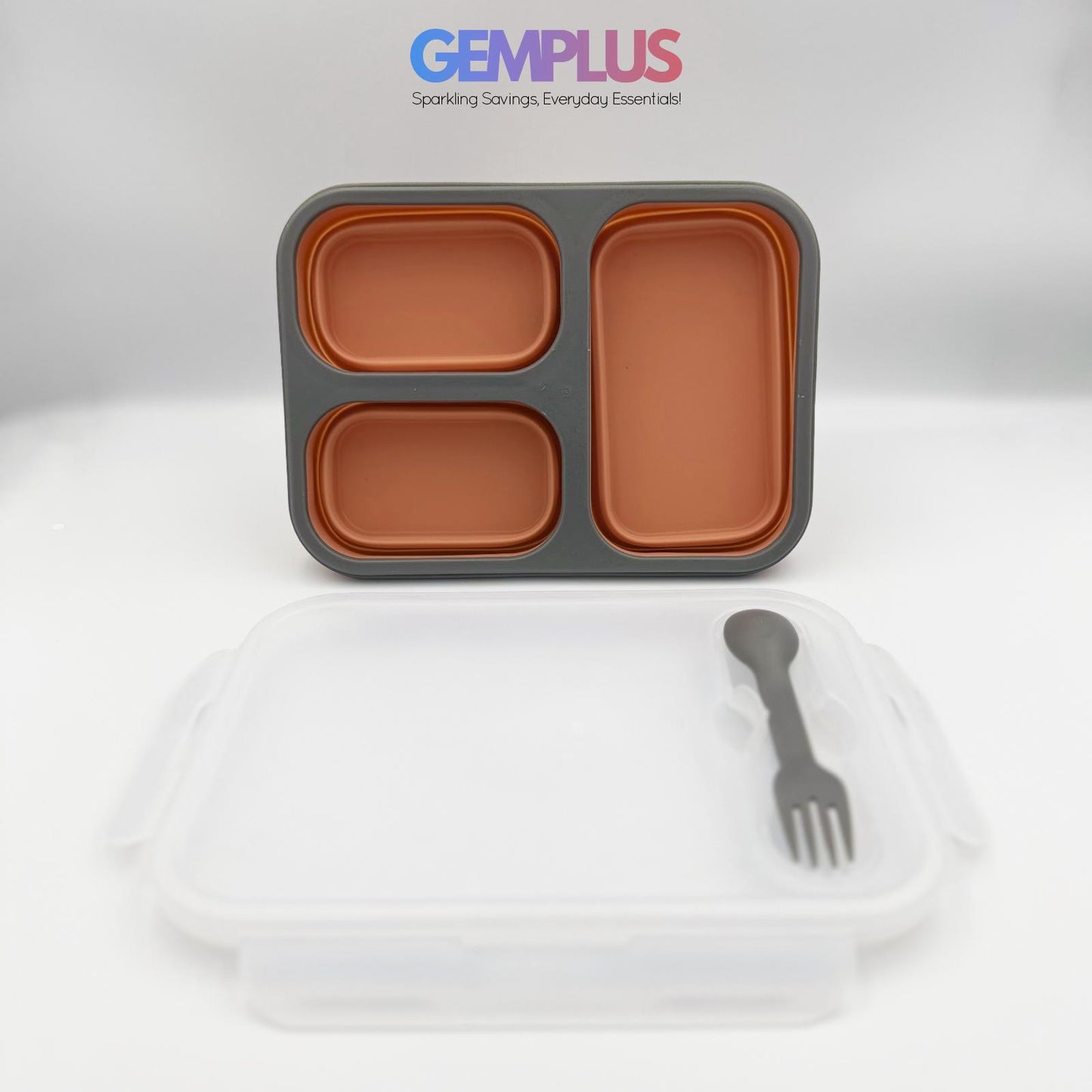 GEM+ | Collapsible Lunchbox with 3 Compartments and Fork & Spoon – Space-Saving