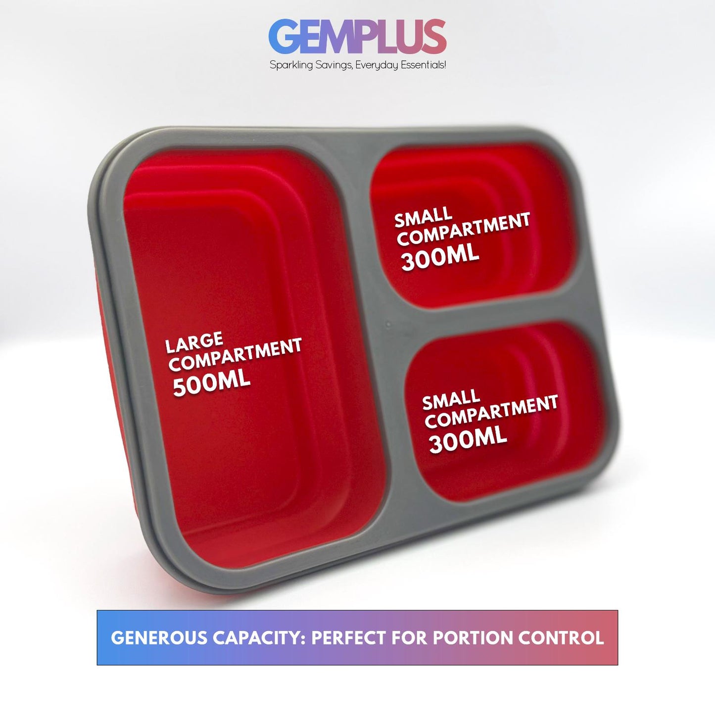 GEM+ | Collapsible Lunchbox with 3 Compartments and Fork & Spoon – Space-Saving
