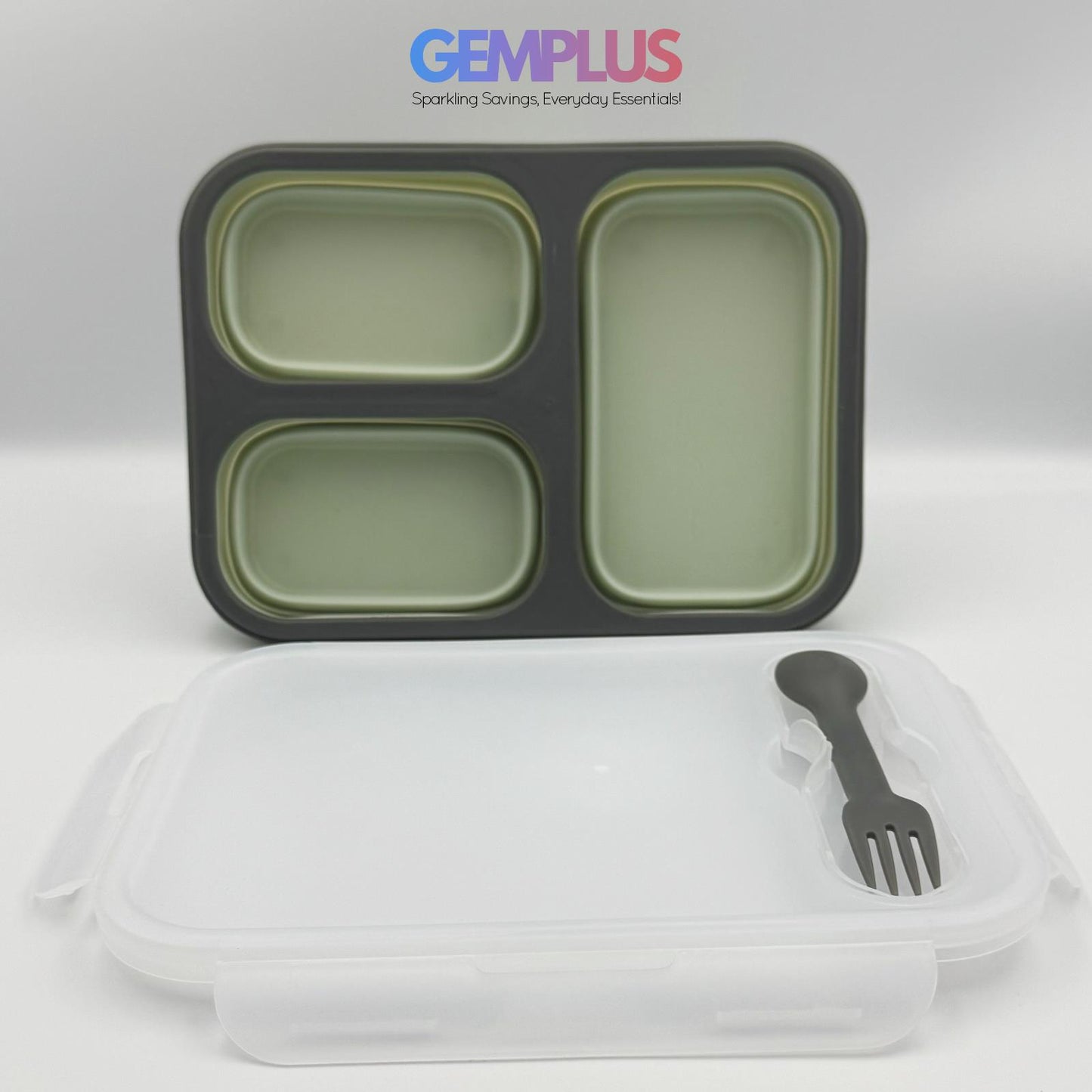 GEM+ | Collapsible Lunchbox with 3 Compartments and Fork & Spoon – Space-Saving