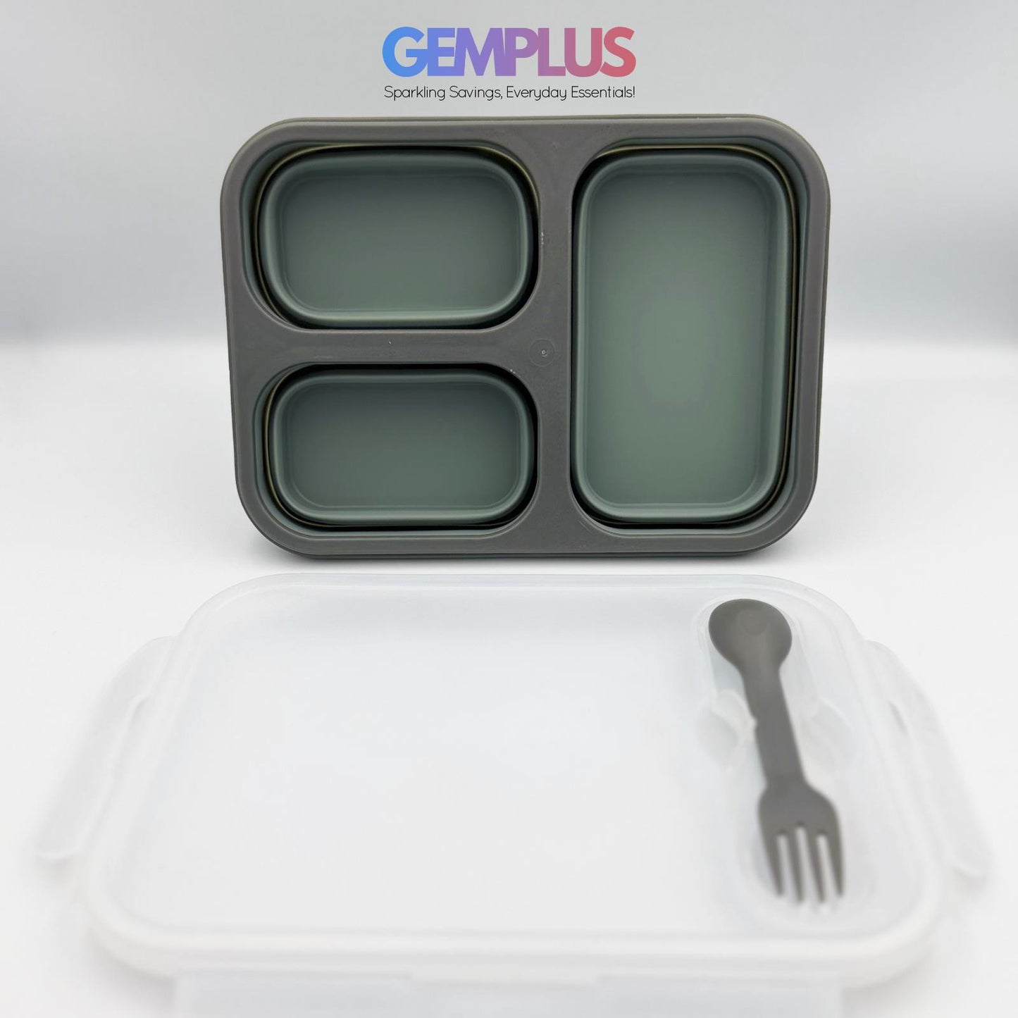 GEM+ | Collapsible Lunchbox with 3 Compartments and Fork & Spoon – Space-Saving