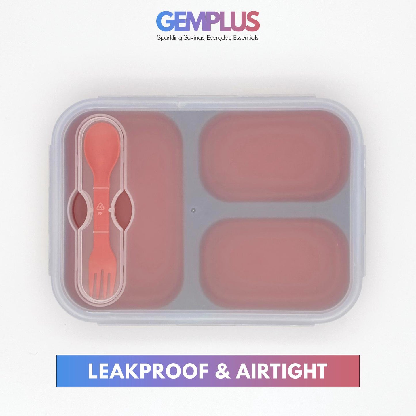 GEM+ | Collapsible Lunchbox with 3 Compartments and Fork & Spoon – Space-Saving