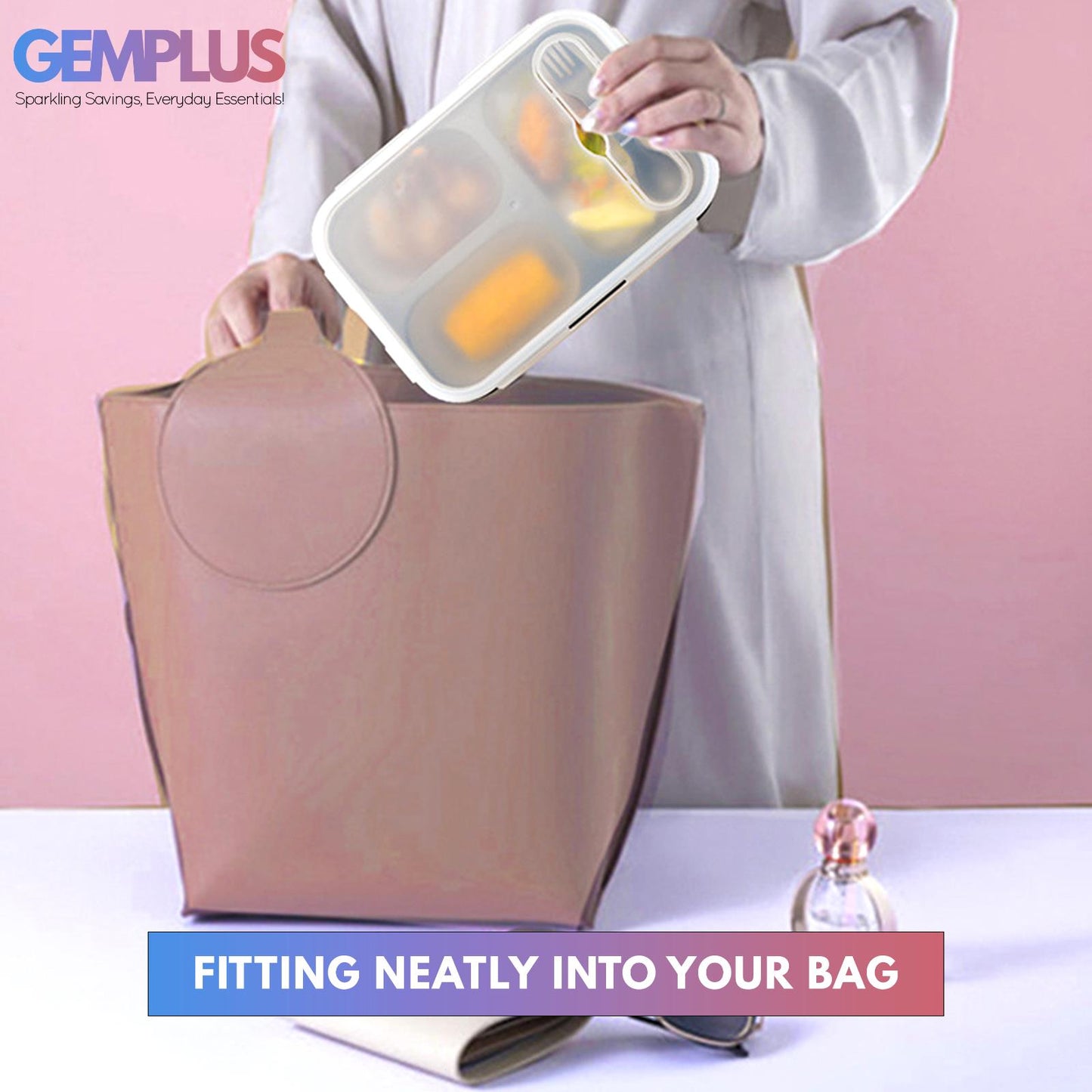 GEM+ | Collapsible Lunchbox with 3 Compartments and Fork & Spoon – Space-Saving
