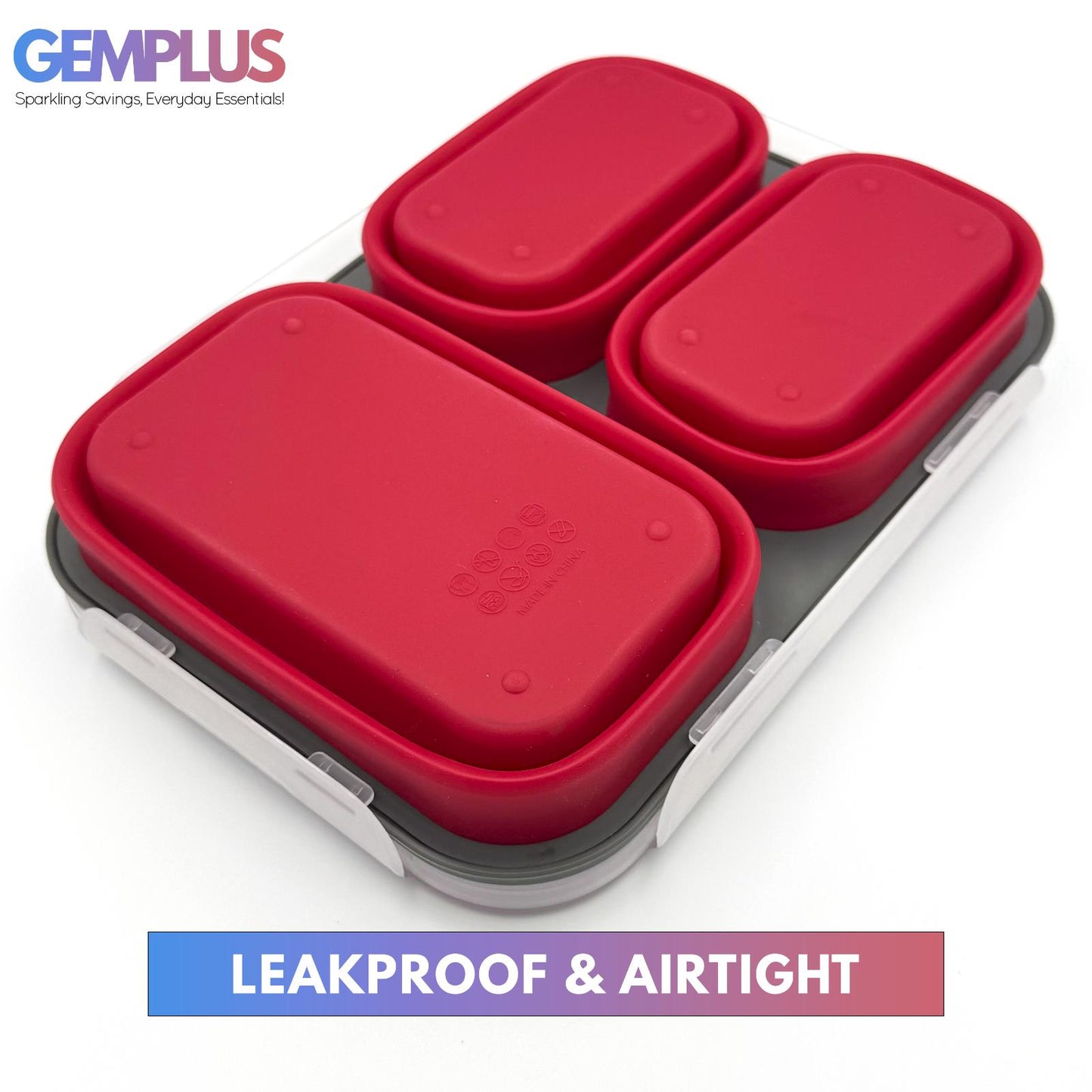 GEM+ | Collapsible Lunchbox with 3 Compartments and Fork & Spoon – Space-Saving