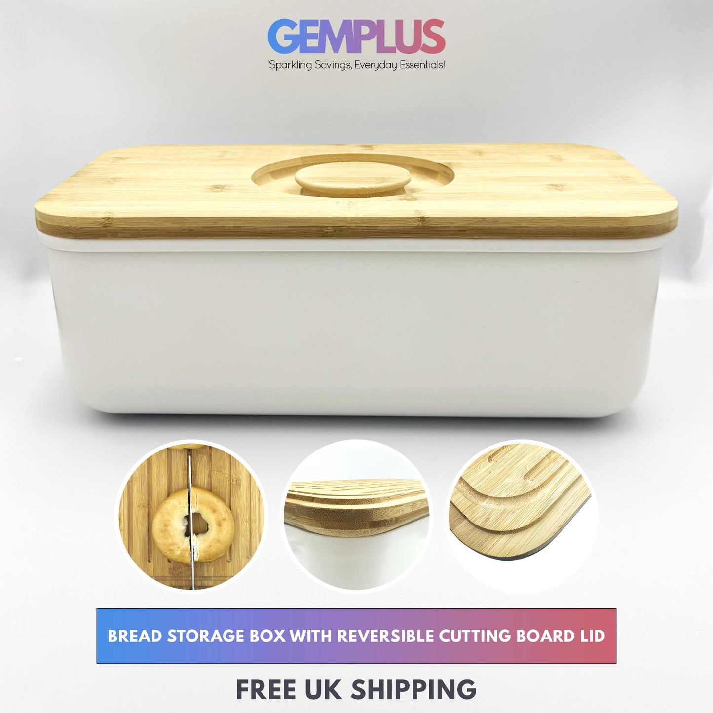 GEM+ | Bread Storage Bin Box with Eco Bamboo Cutting Board Lid Large Space