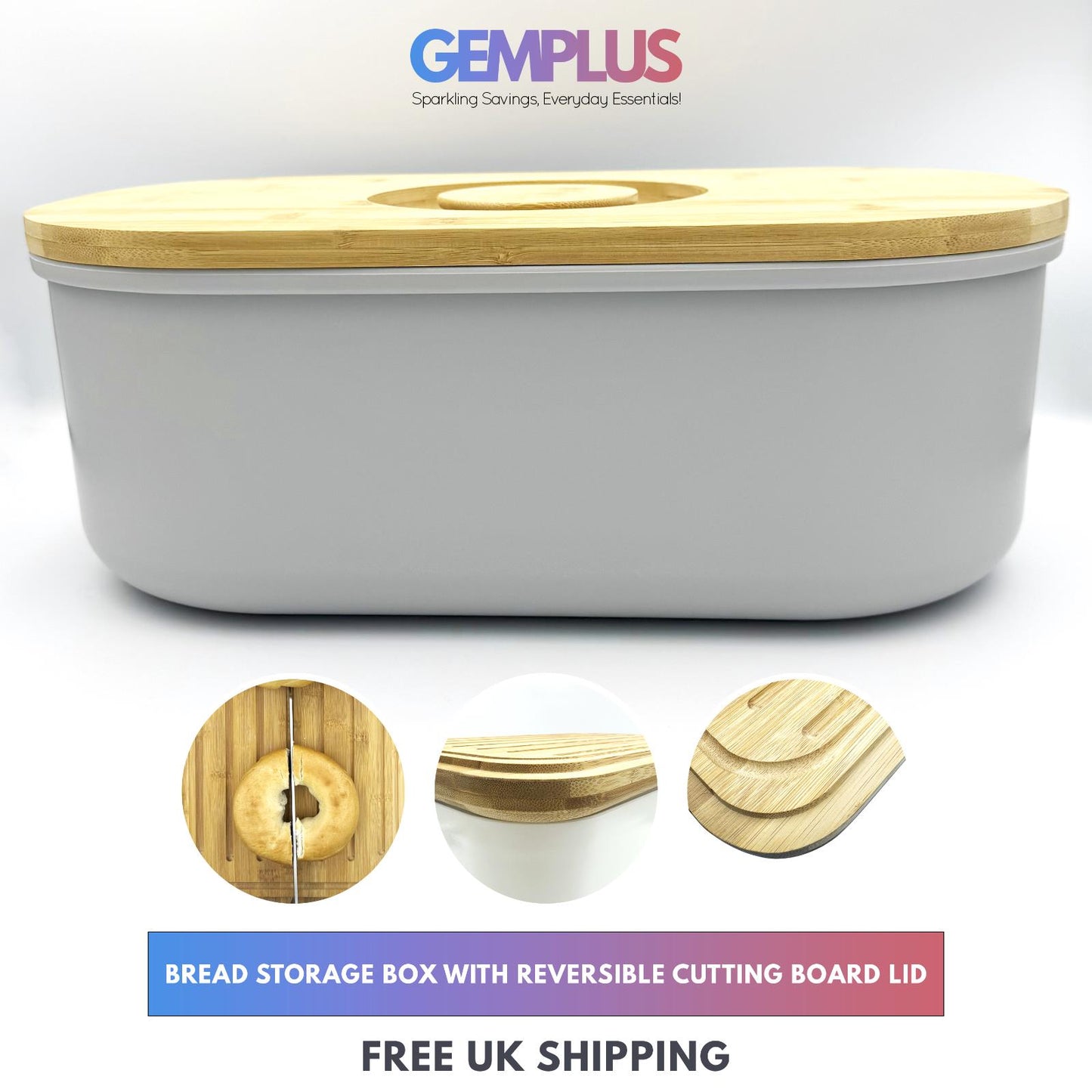 GEM+ | Bread Storage Bin Box with Eco Bamboo Cutting Board Lid Large Space GREY