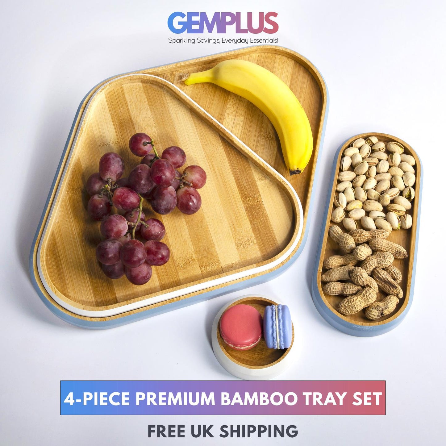GEM+ | 4-Piece Bamboo Dry Fruit & Snack Tray Set – Elegant & Durable Blue/White