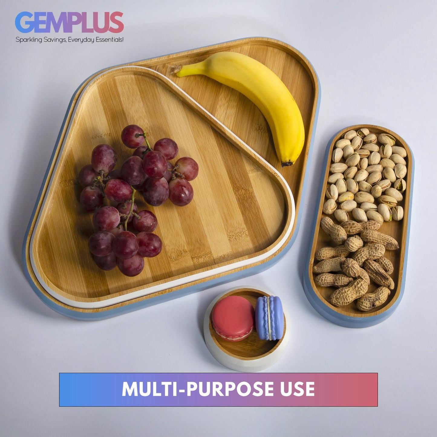 GEM+ | 4-Piece Bamboo Dry Fruit & Snack Tray Set – Elegant & Durable Blue/White