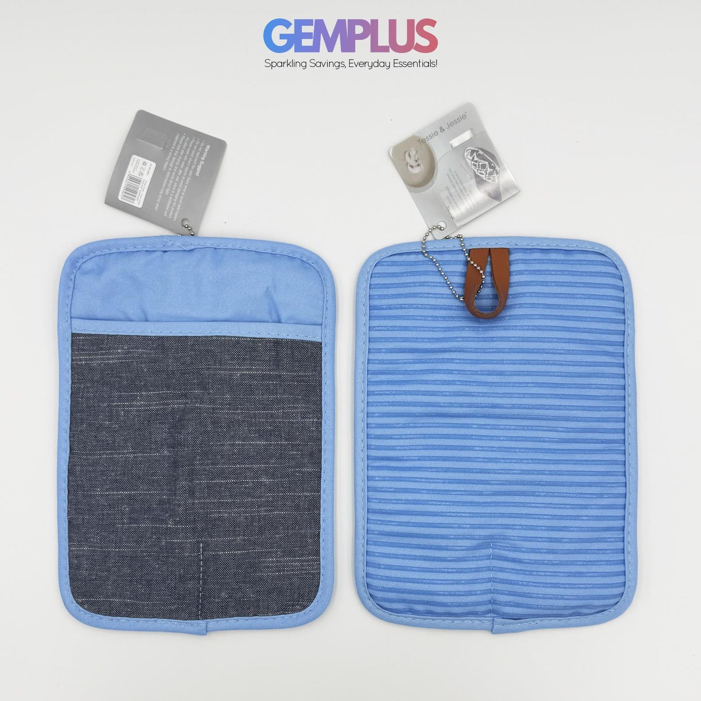 GEM+ | 2Pcs Premium Quilted Heat-Resistant Pot Holders Silicone Grip – Grey/Blue
