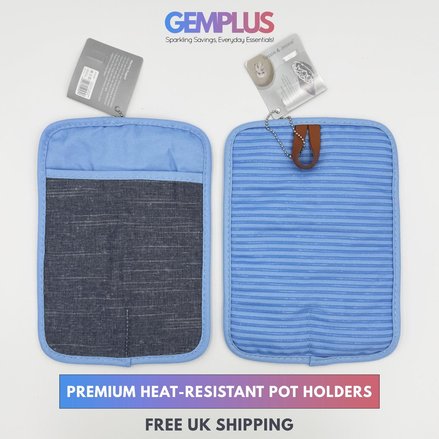 GEM+ | 2Pcs Premium Quilted Heat-Resistant Pot Holders Silicone Grip – Grey/Blue