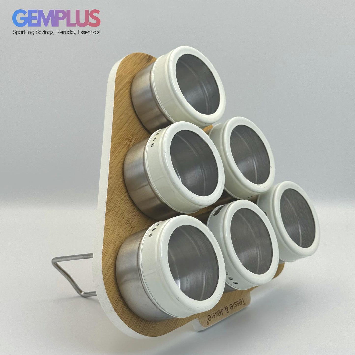 GEM+ | Premium Magnetic Bamboo Spice Tin Organizer with 6 Jars Elegant & Modern