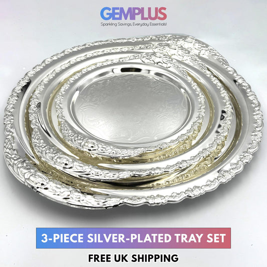 GEM+ | Premium 3-Piece Silver-Plated Vintage Tray Set – Elegant Durable