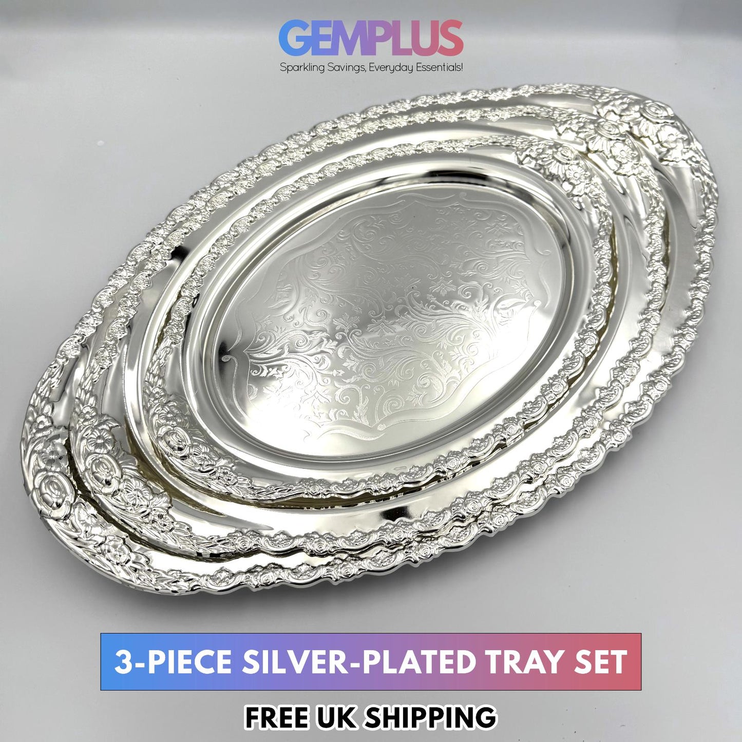 GEM+ | Premium 3-Piece Silver-Plated Vintage Tray Set – Elegant Durable Thick