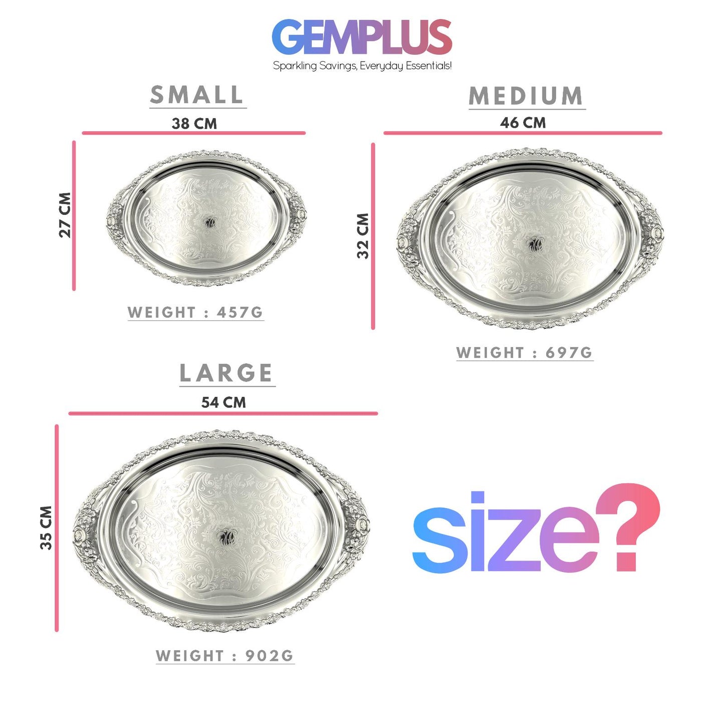 GEM+ | Premium 3-Piece Silver-Plated Vintage Tray Set – Elegant Durable Thick