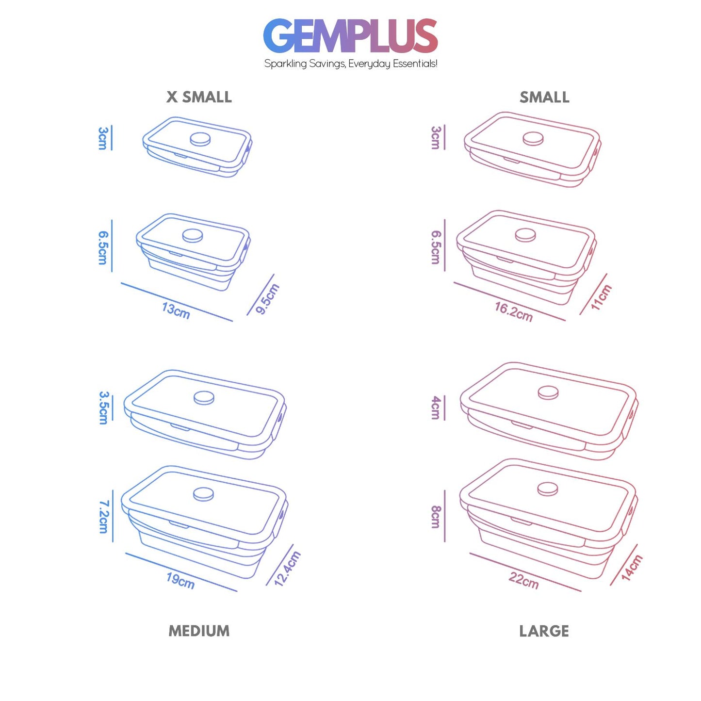 GEM+ | 4-Piece Collapsible Food Container Set – Space-Saving Leakproof BPA FREE