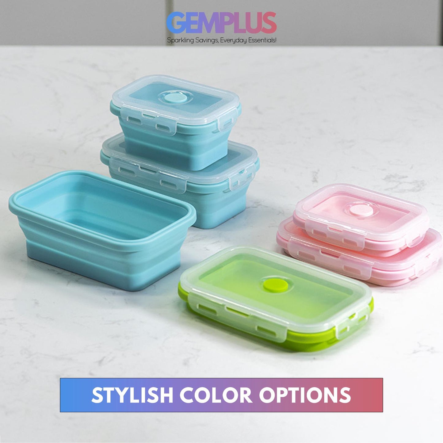 GEM+ | 4-Piece Collapsible Food Container Set – Space-Saving Leakproof BPA FREE
