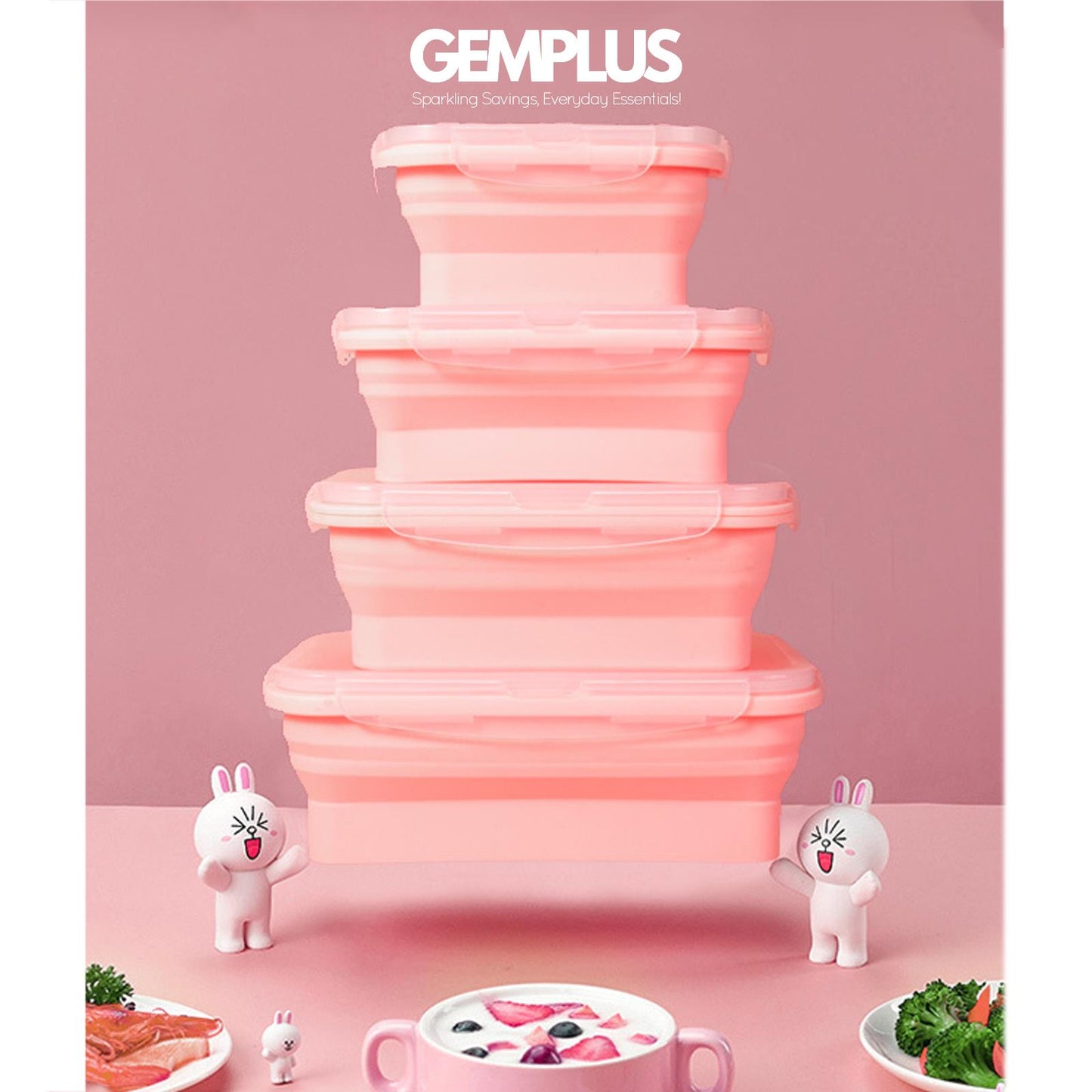GEM+ | 4-Piece Collapsible Food Container Set – Space-Saving Leakproof BPA FREE
