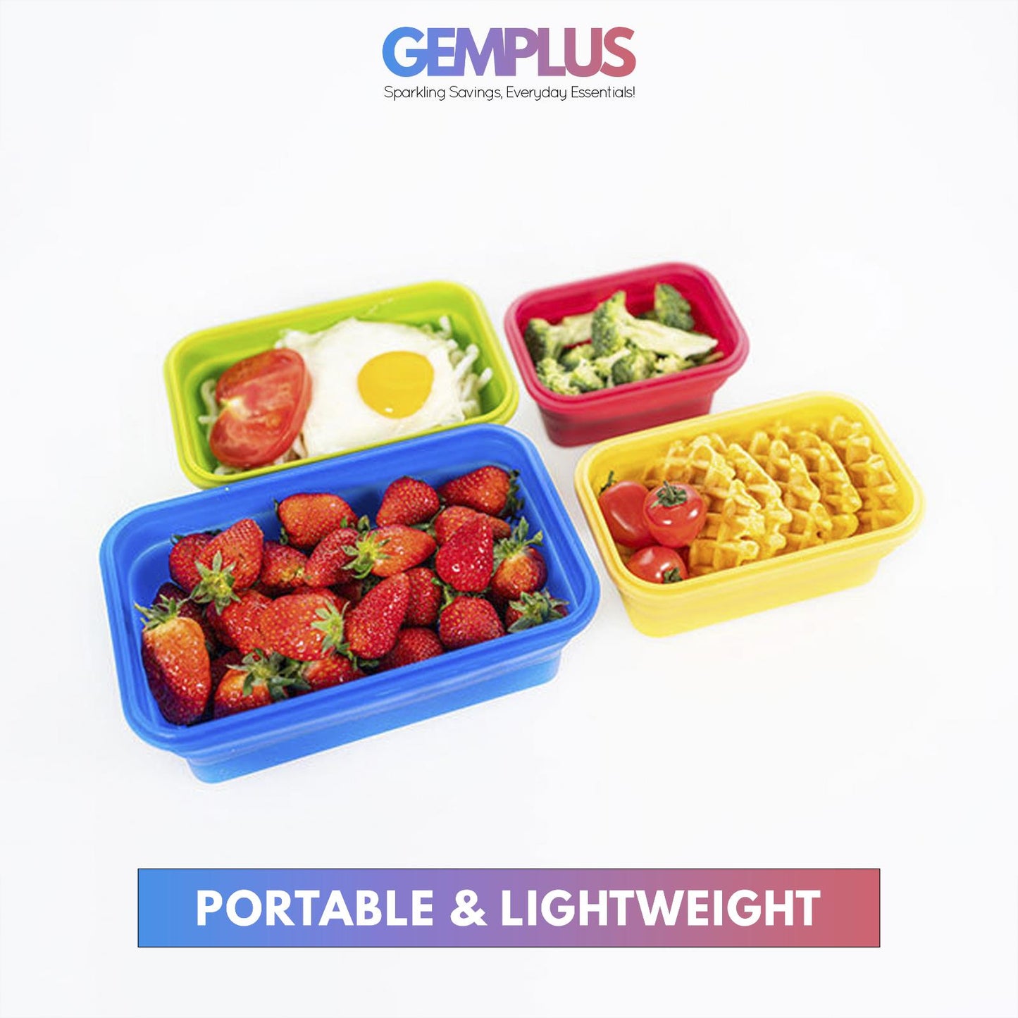 GEM+ | 4-Piece Collapsible Food Container Set – Space-Saving Leakproof BPA FREE
