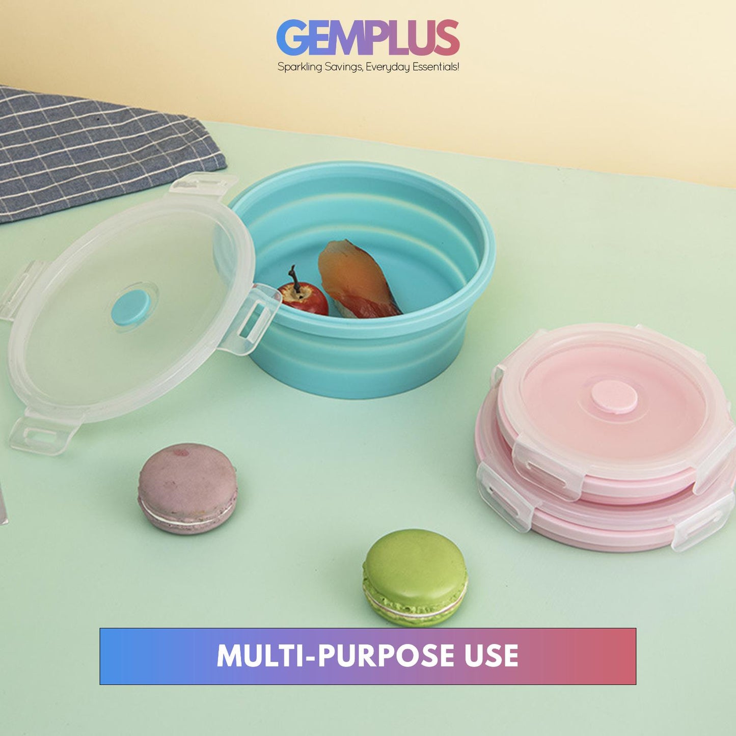 GEM+ | 4-Piece Collapsible Round Food Container Set – Space-Saving BPA FREE