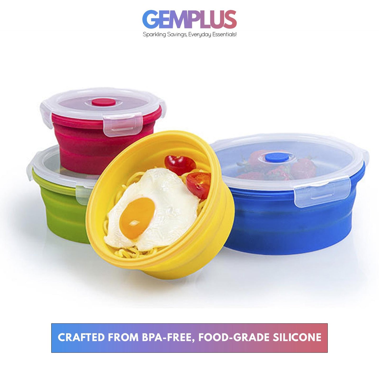 GEM+ | 4-Piece Collapsible Round Food Container Set – Space-Saving BPA FREE