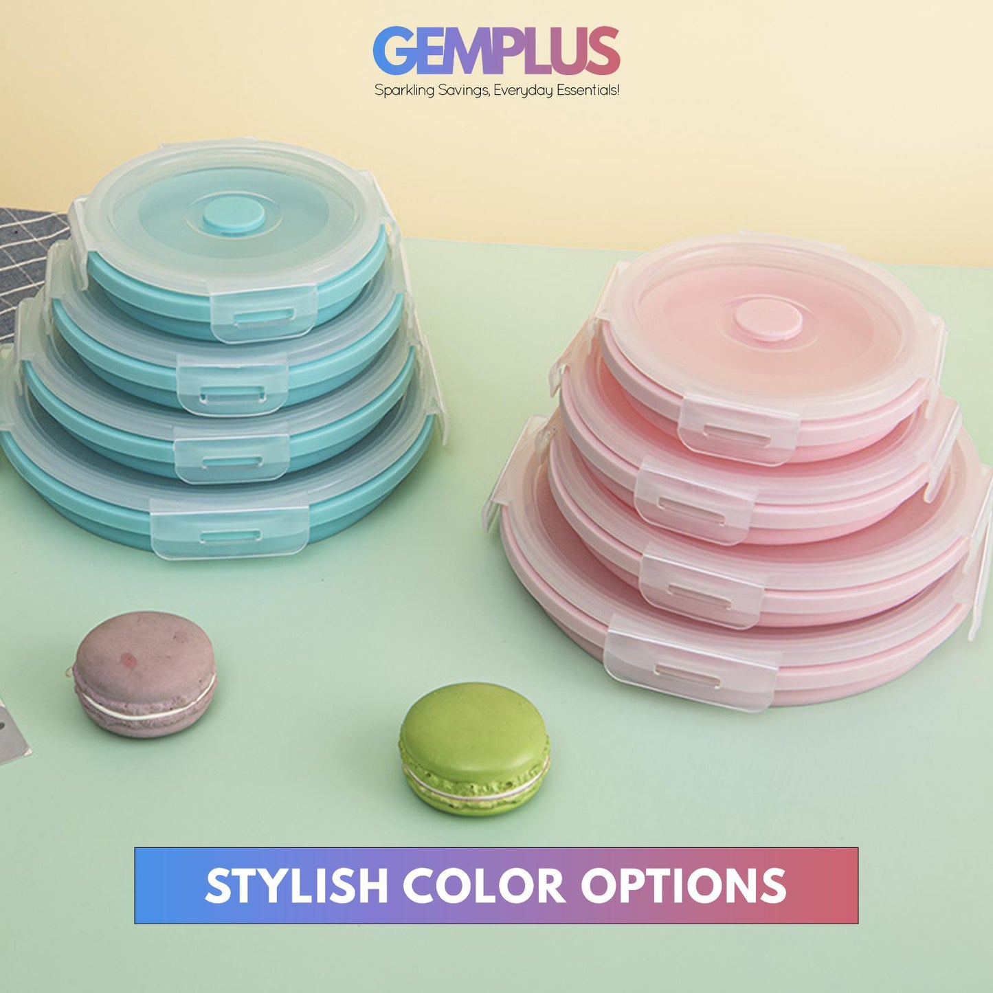 GEM+ | 4-Piece Collapsible Round Food Container Set – Space-Saving BPA FREE