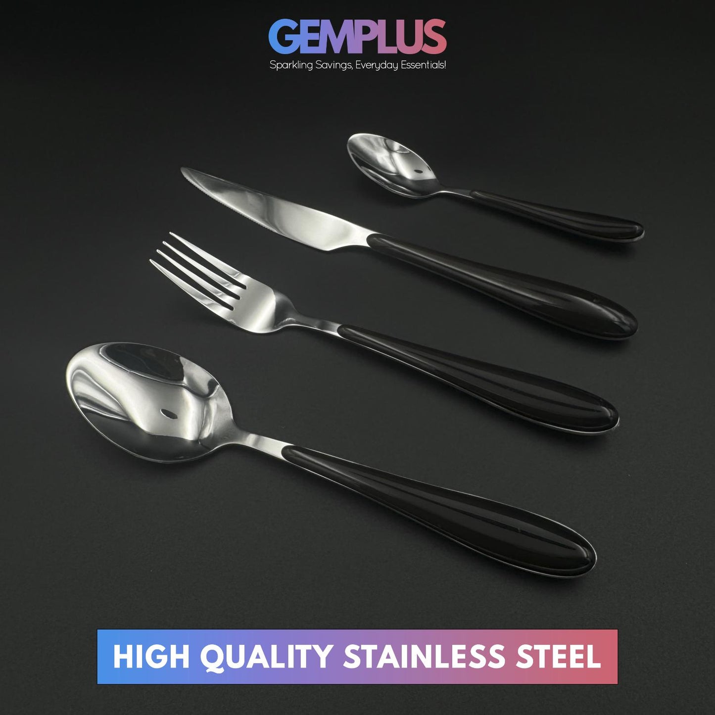 GEM+ | 24-Piece Stainless Steel Cutlery Set With Black Handle Rust-Resistant
