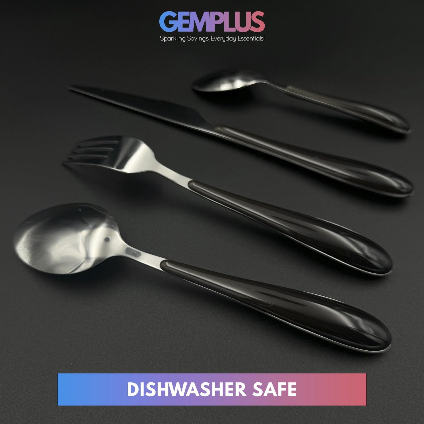 GEM+ | 24-Piece Stainless Steel Cutlery Set With Black Handle Rust-Resistant