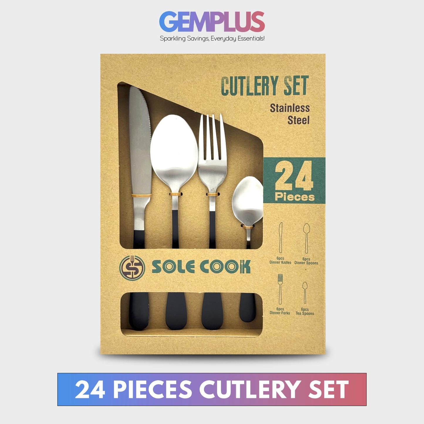 GEM+ | 24-Piece Stainless Steel Cutlery Set With Black Handle Rust-Resistant