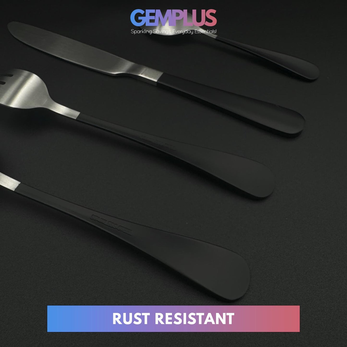 GEM+ | 24-Piece Stainless Steel Cutlery Set With Black Handle Rust-Resistant