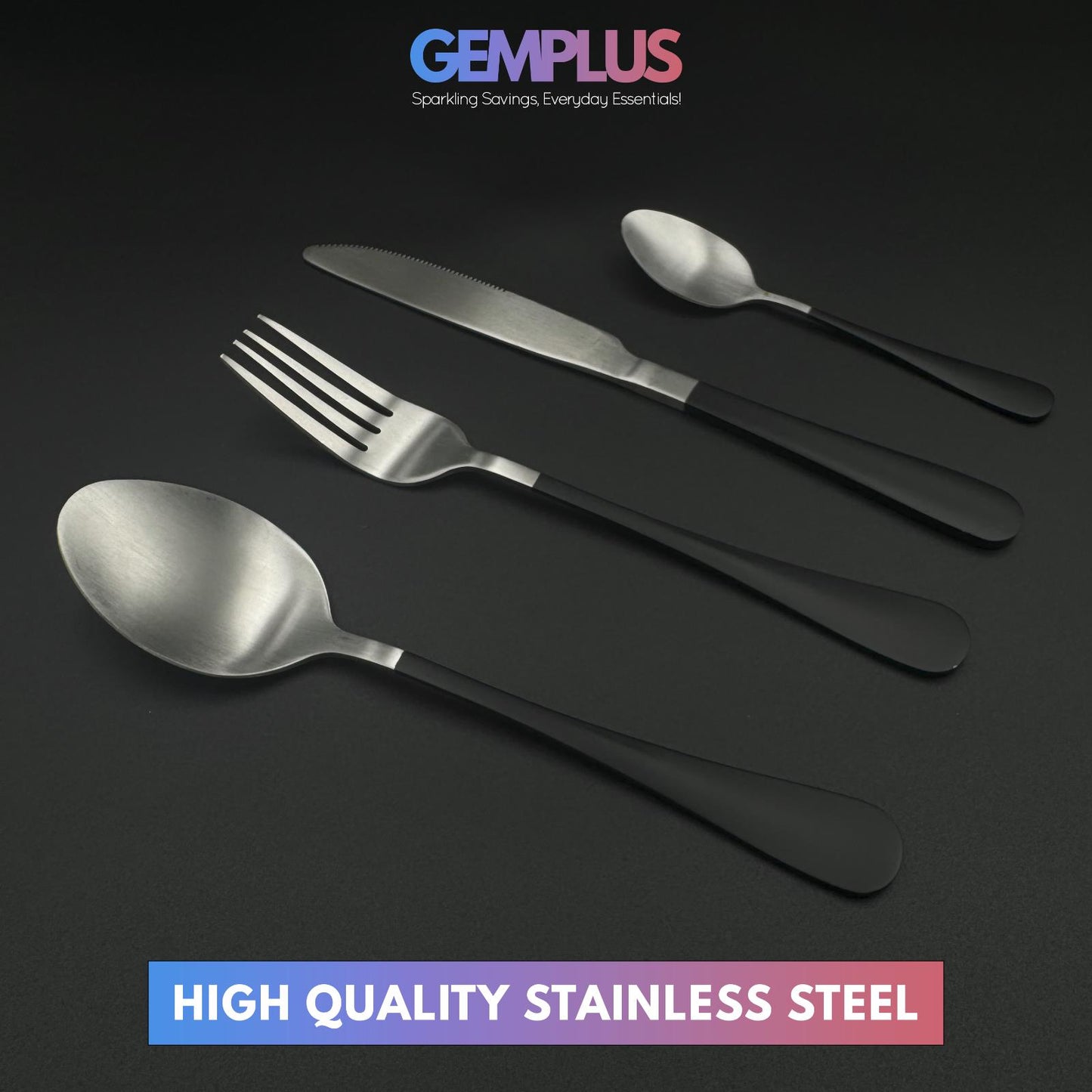 GEM+ | 24-Piece Stainless Steel Cutlery Set With Black Handle Rust-Resistant
