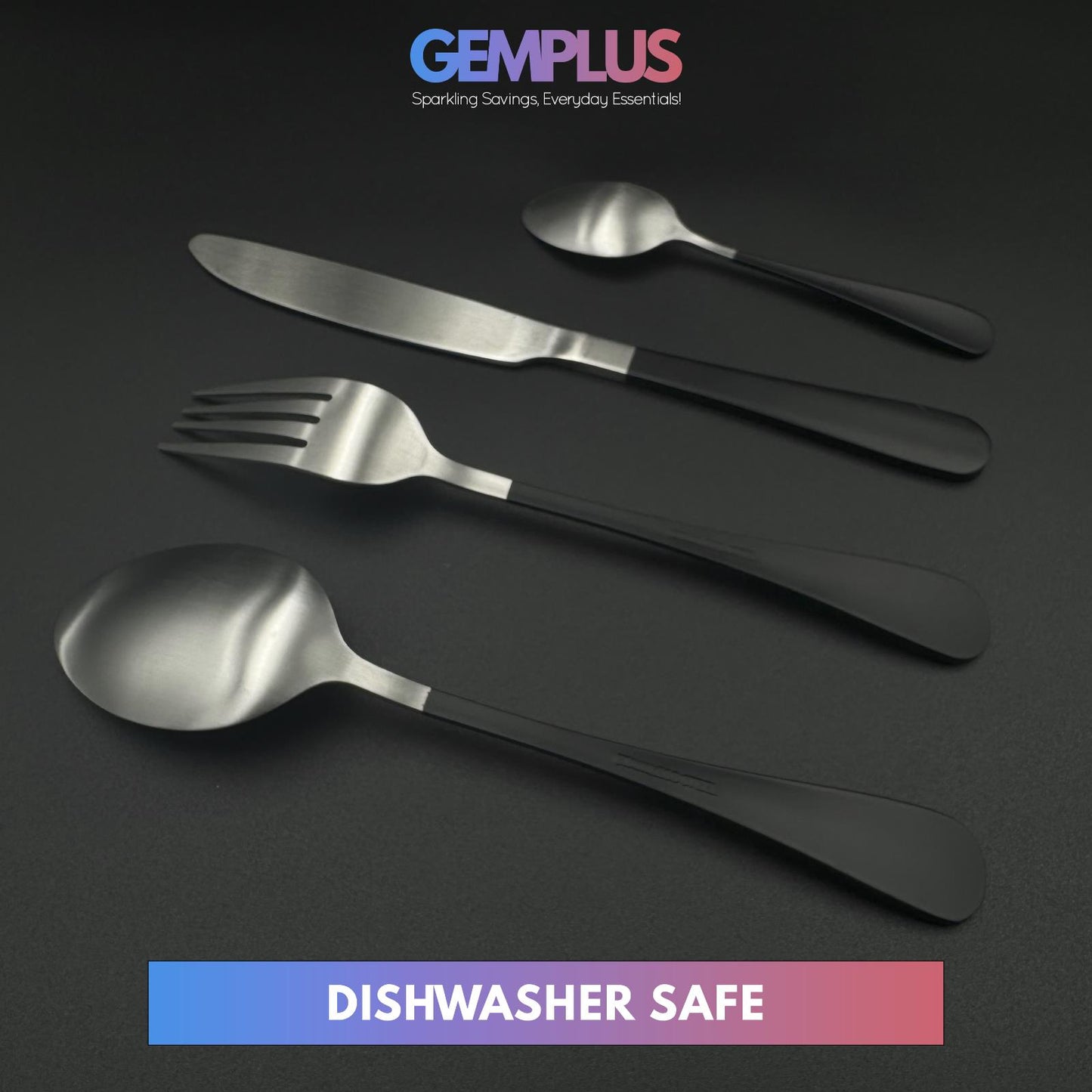 GEM+ | 24-Piece Stainless Steel Cutlery Set With Black Handle Rust-Resistant