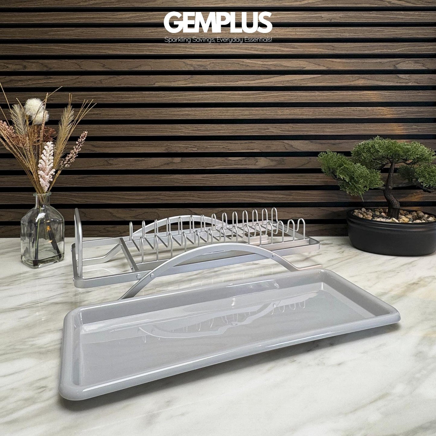 GEM+ | Premium Aluminum Dish Drying Rack Utensil Holder Hang Holes & Rust Proof