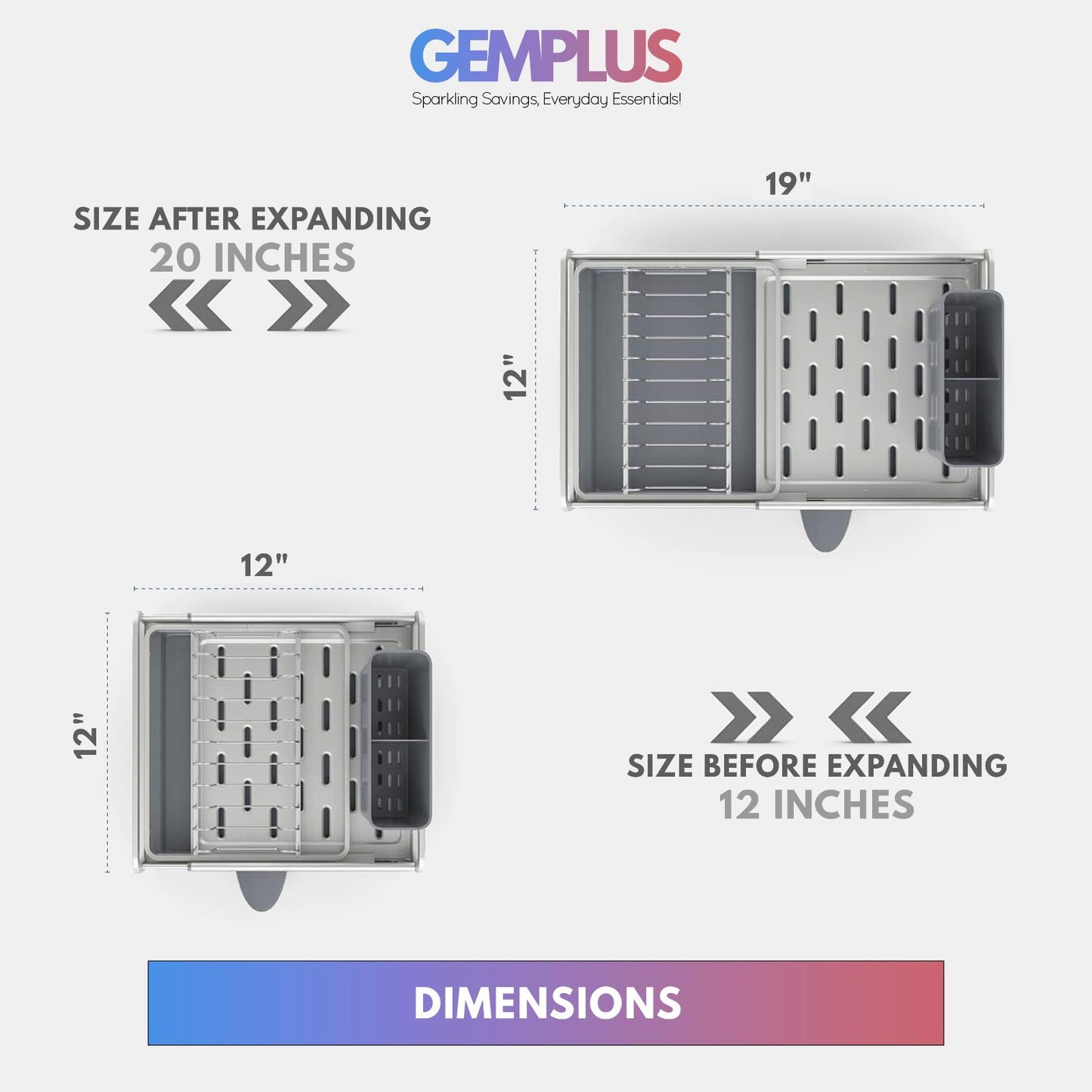 GEM+ | Expanding Dish Drying Rack Adjustable Draining & Aluminum Frame 30-52cm