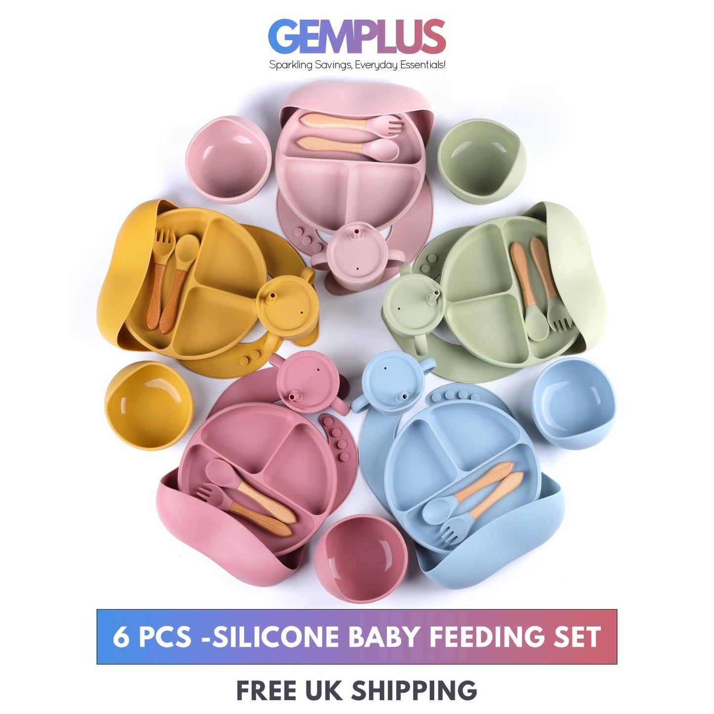 GEM+ | 6-Piece Silicone Baby Feeding Set - BPA-Free - Weaning Set -Suction Bowl
