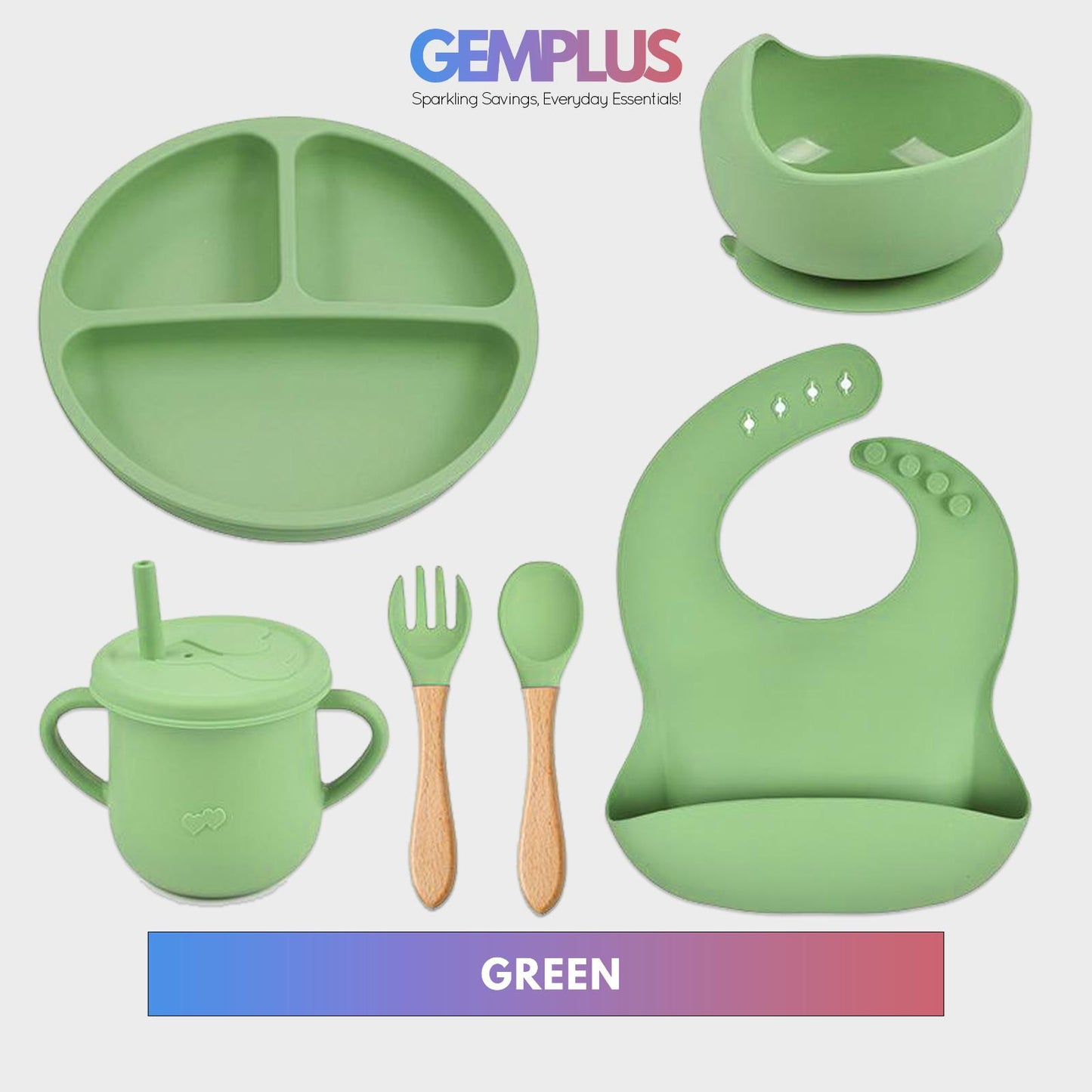 GEM+ | 6-Piece Silicone Baby Feeding Set - BPA-Free - Weaning Set -Suction Bowl