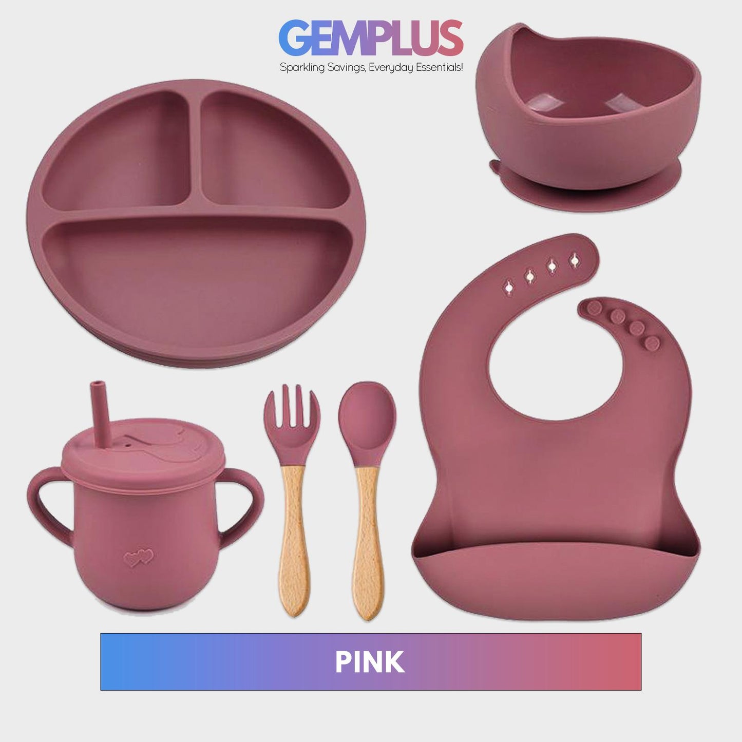 GEM+ | 6-Piece Silicone Baby Feeding Set - BPA-Free - Weaning Set -Suction Bowl