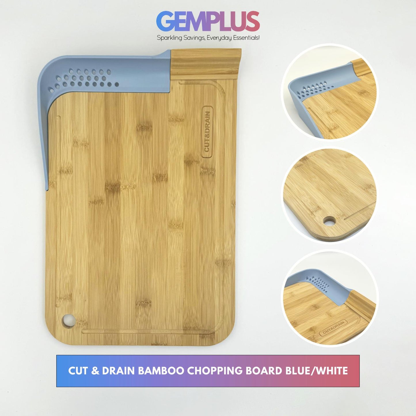 GEM+ | Premium Natural Bamboo Chopping Board with Cut and Drain