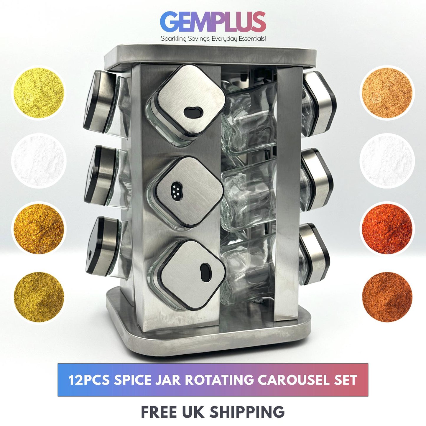 GEM+ | 12pcs Premium Stainless Steel Spice Jar With Rotating Carousel Stand Set