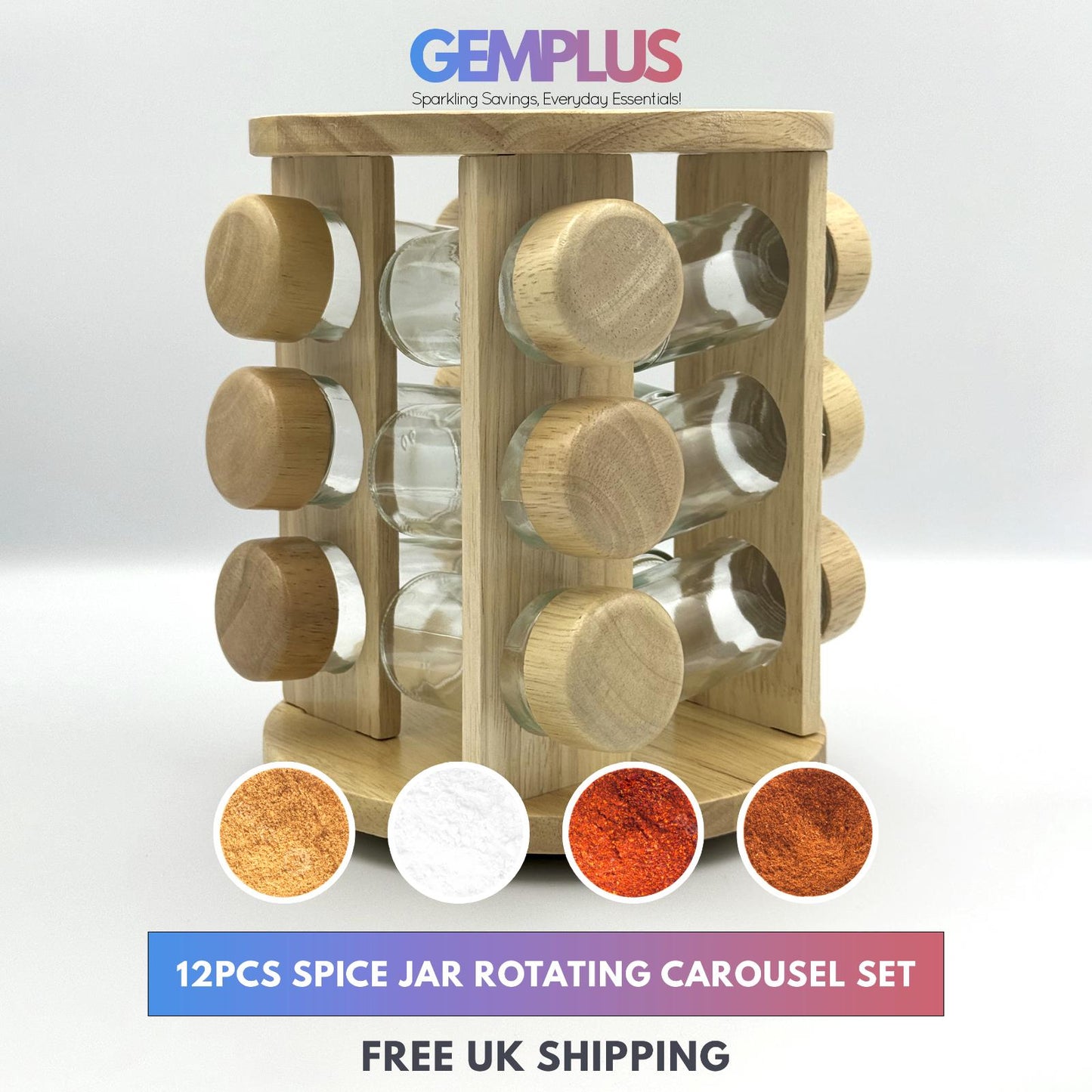 GEM+ | 12pcs Premium Wooden Spice Jar Set with Rotating Carousel Stand - Elegant