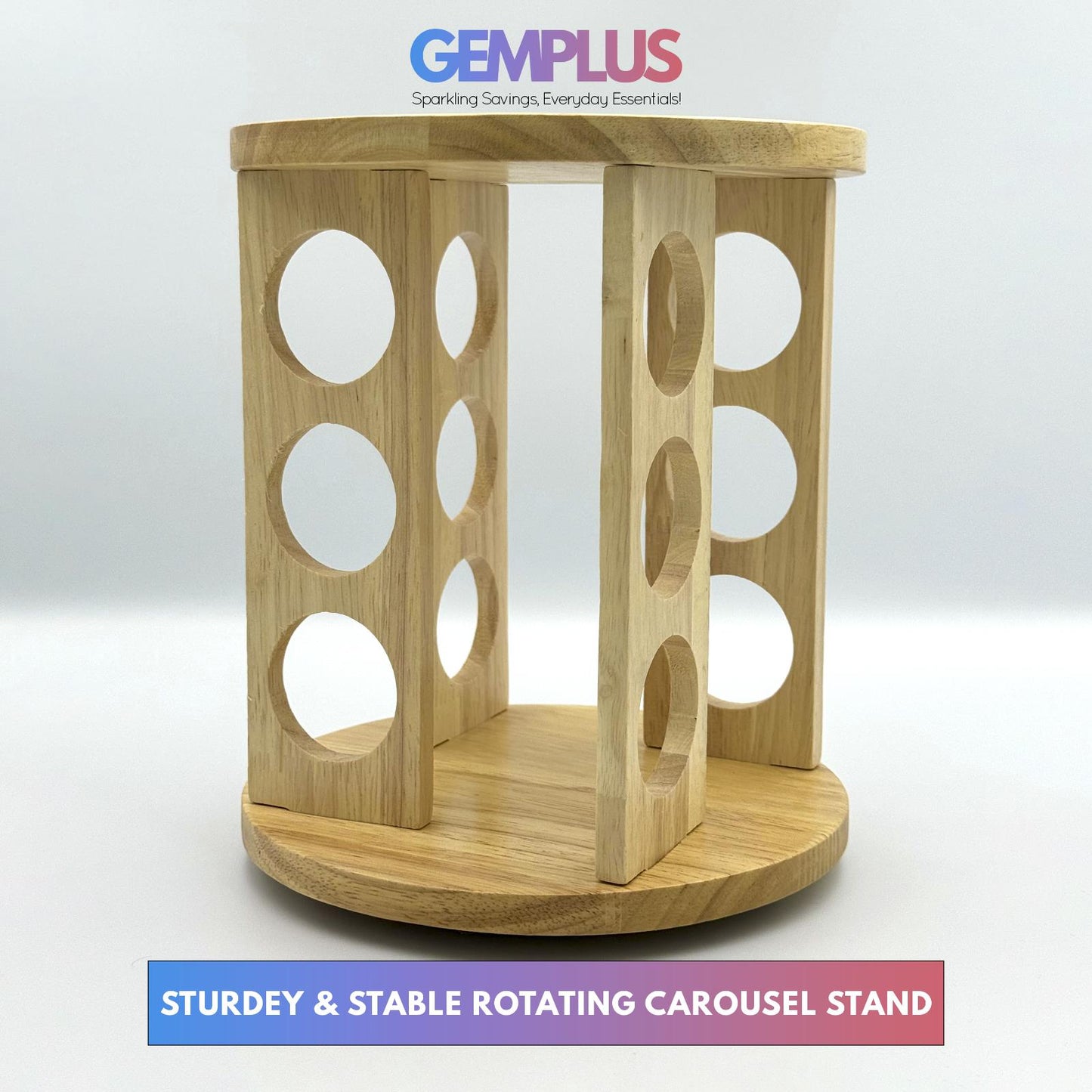 GEM+ | 12pcs Premium Wooden Spice Jar Set with Rotating Carousel Stand - Elegant