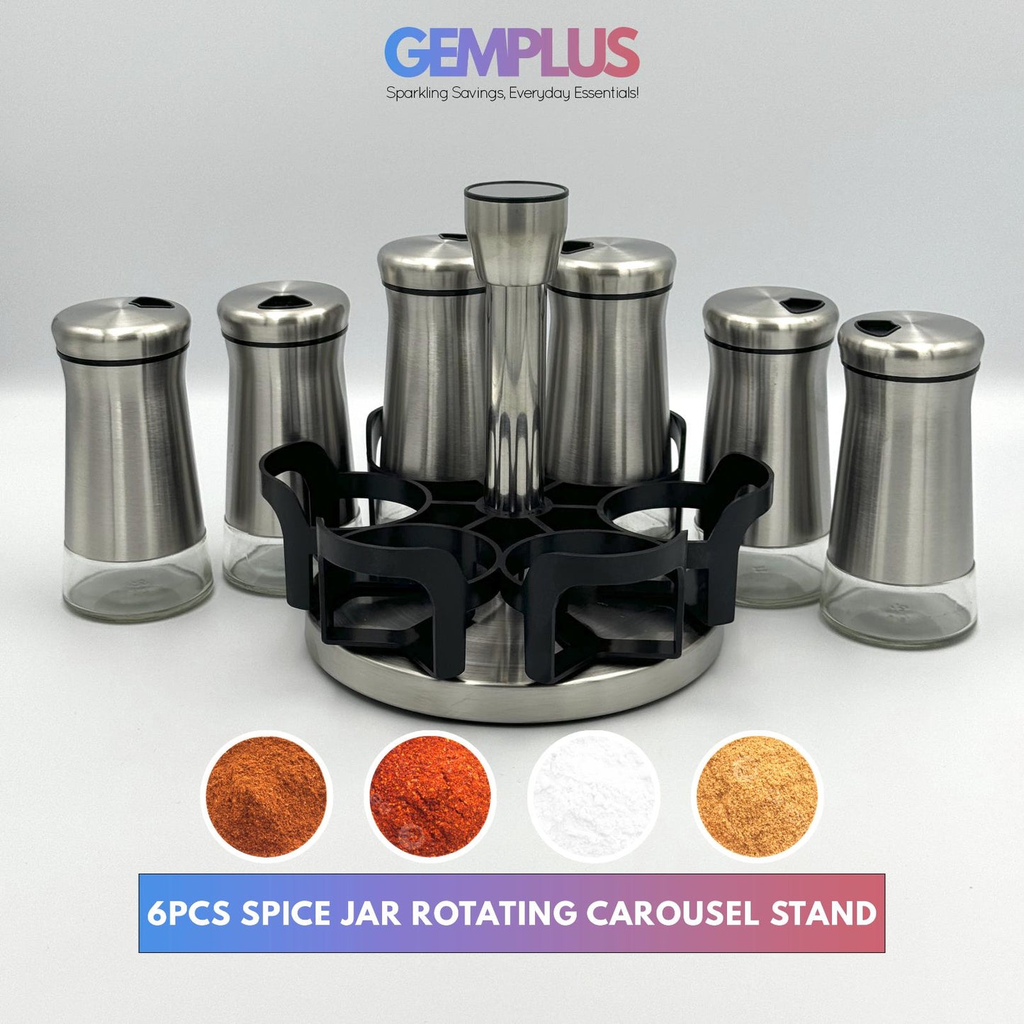 GEM+ | Premium Stainless Steel 6pcs Spice Jar Rotating Carousel Stand - Elegant