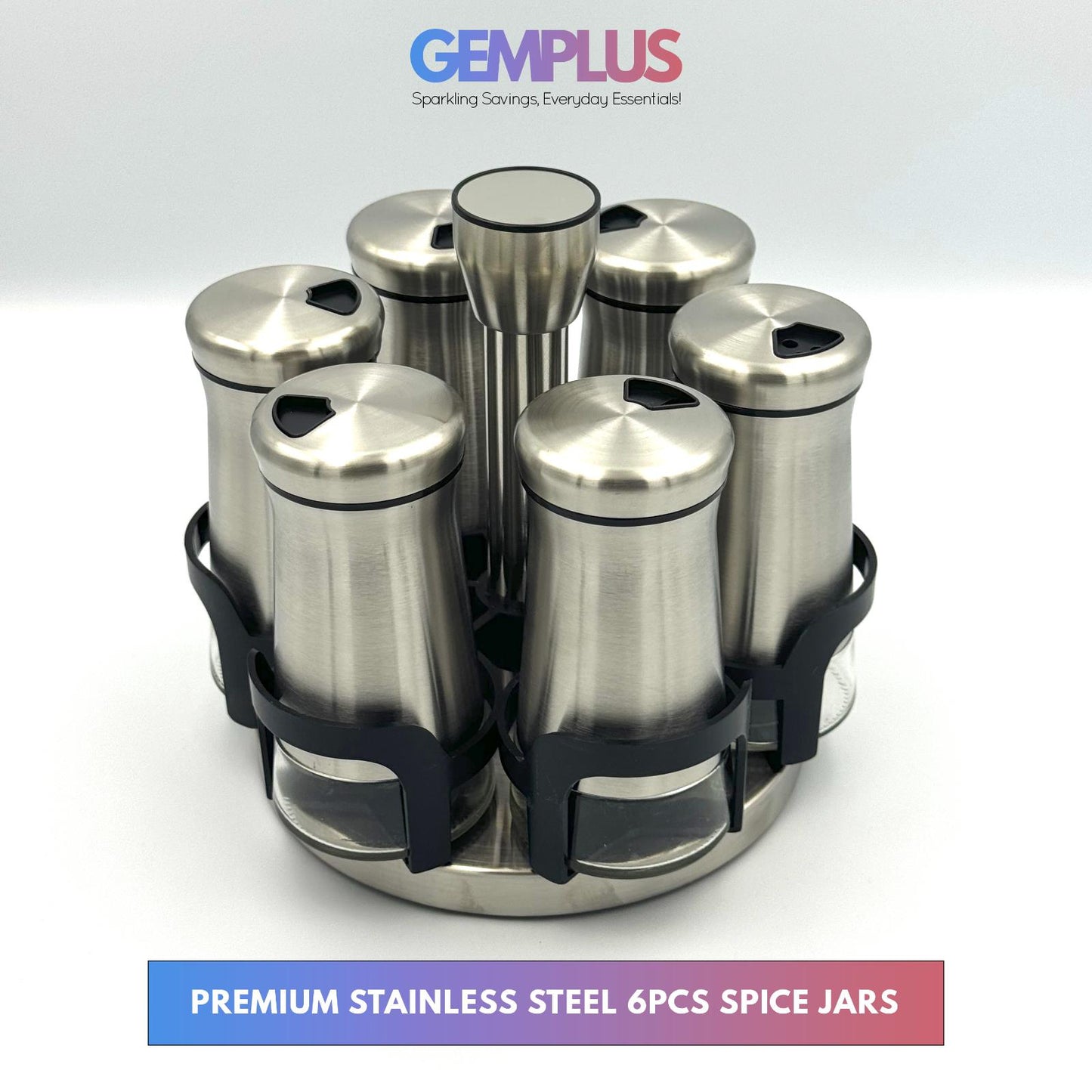GEM+ | Premium Stainless Steel 6pcs Spice Jar Rotating Carousel Stand - Elegant
