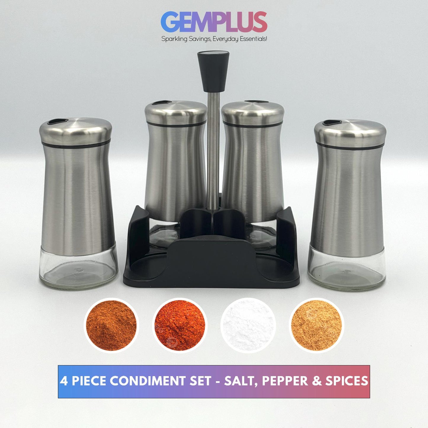GEM+ | Premium Stainless Steel Salt, Pepper Spices Dispenser Set - 4pcs + Stand