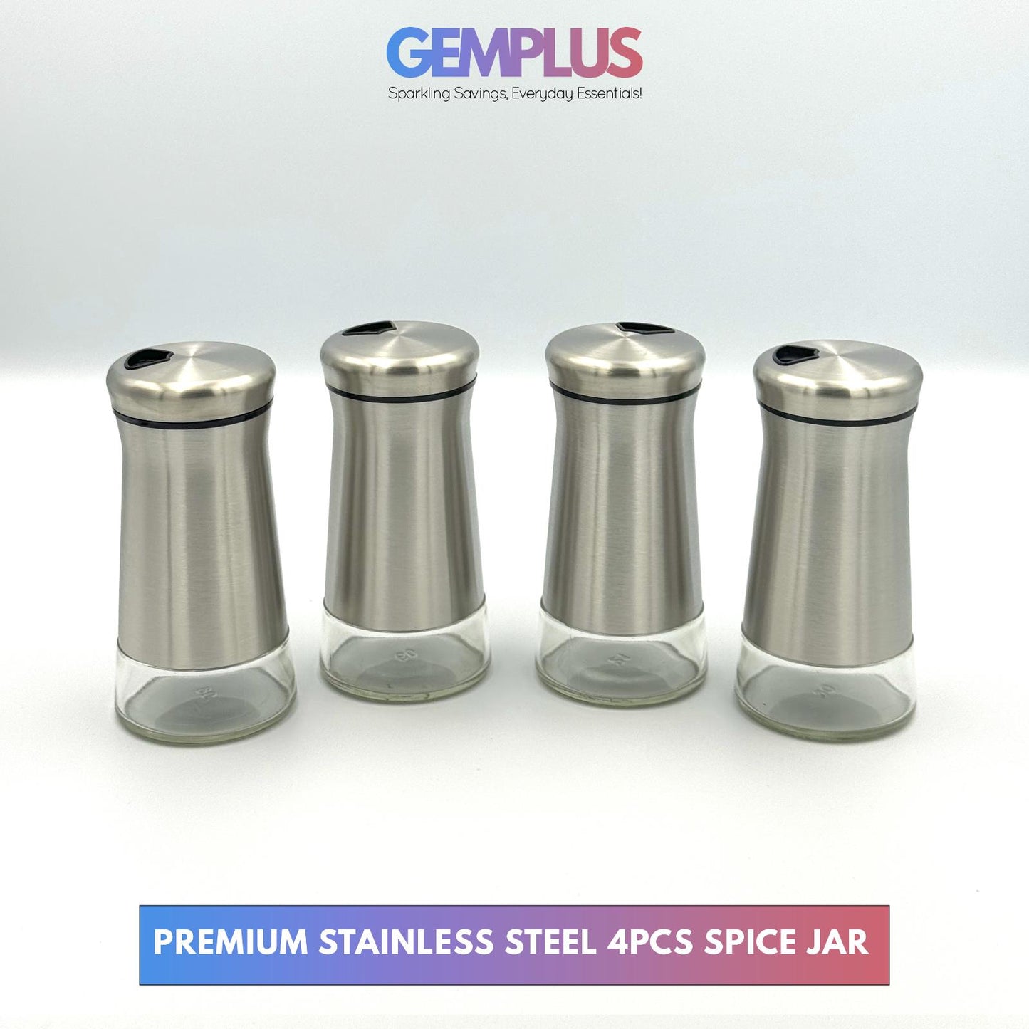 GEM+ | Premium Stainless Steel Salt, Pepper Spices Dispenser Set - 4pcs + Stand