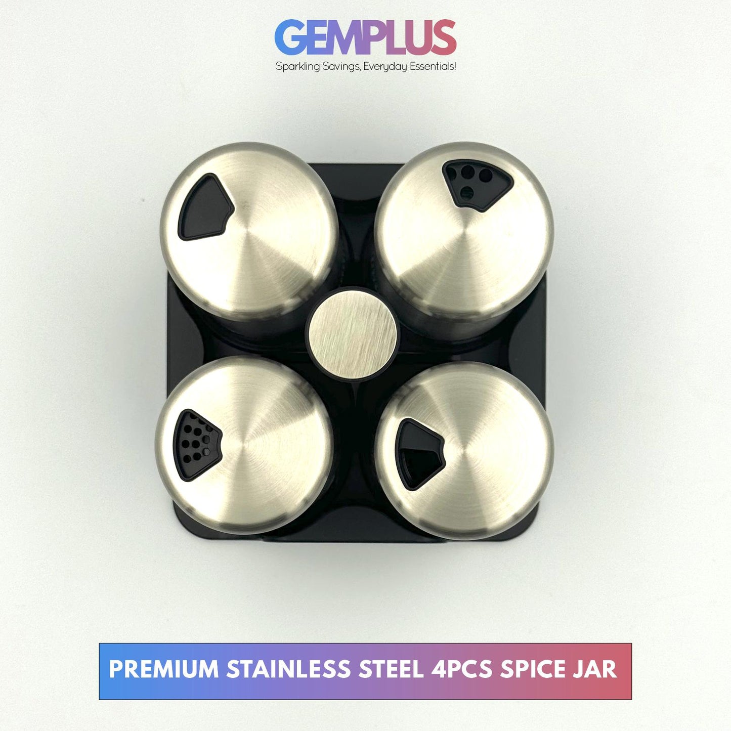 GEM+ | Premium Stainless Steel Salt, Pepper Spices Dispenser Set - 4pcs + Stand