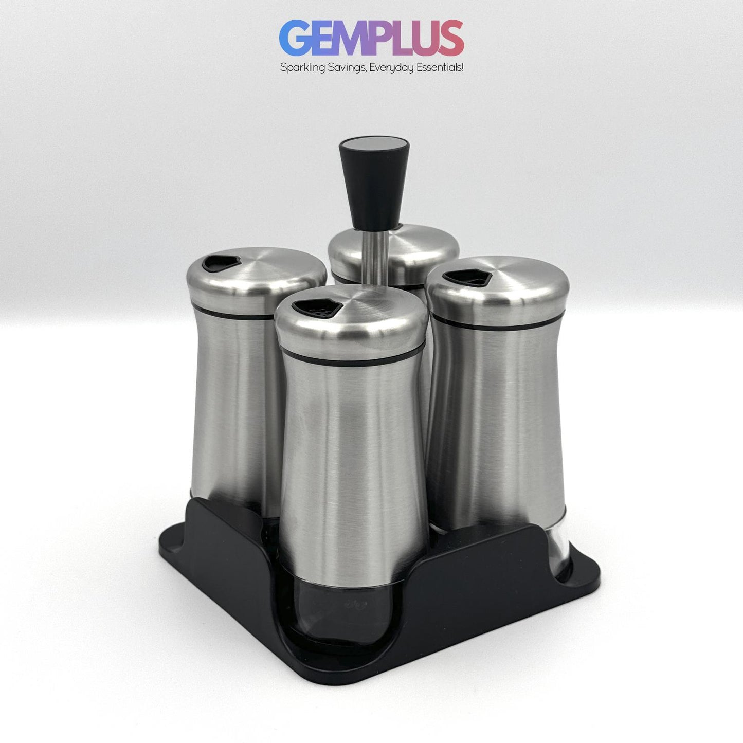 GEM+ | Premium Stainless Steel Salt, Pepper Spices Dispenser Set - 4pcs + Stand