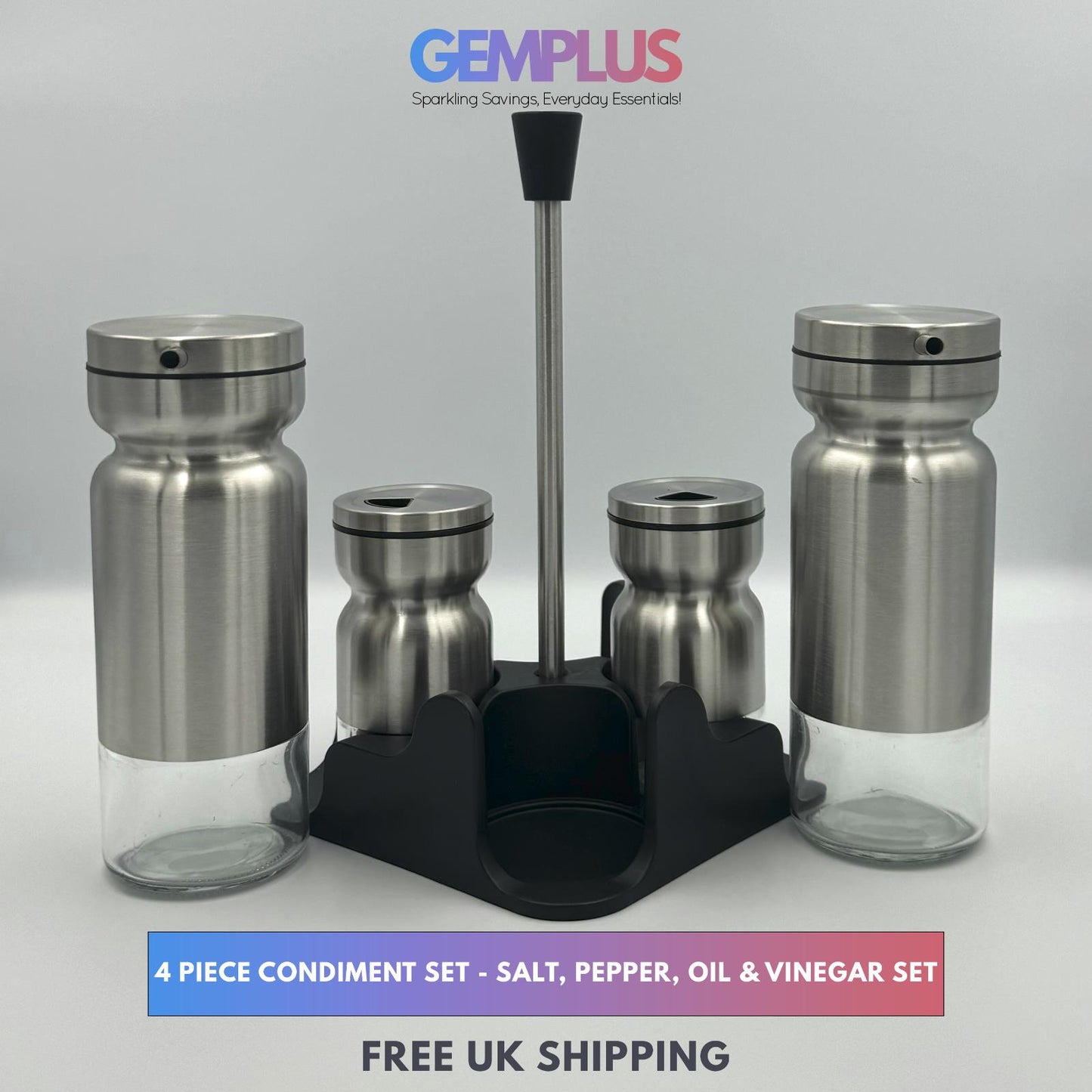 GEM+ | Premium Stainless Steel Oil Vinegar Salt Pepper Dispenser 4pcs + Stand