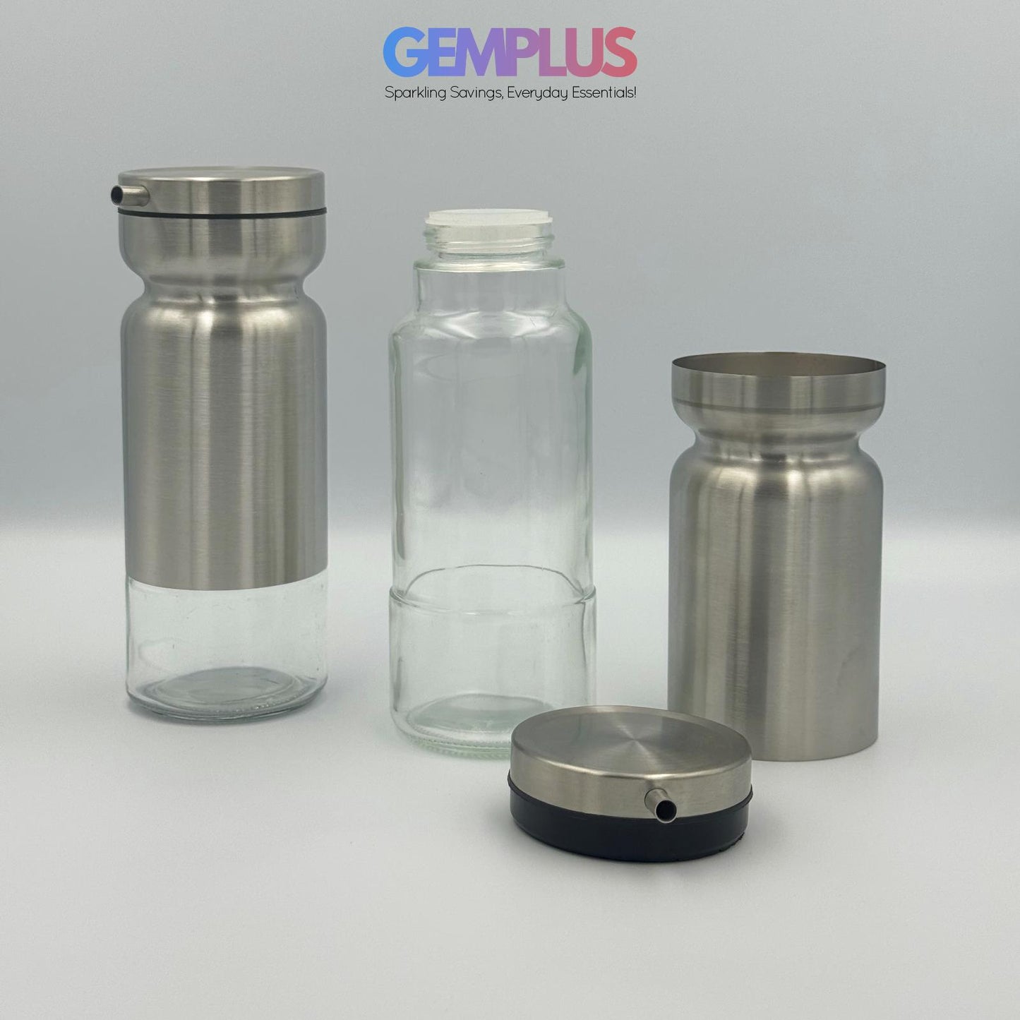 GEM+ | Premium Stainless Steel Oil Vinegar Salt Pepper Dispenser 4pcs + Stand